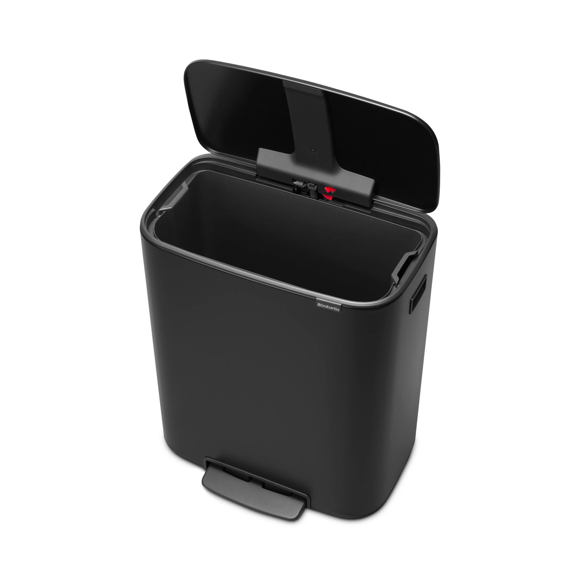 A black trash can with its lid open and a foot pedal.