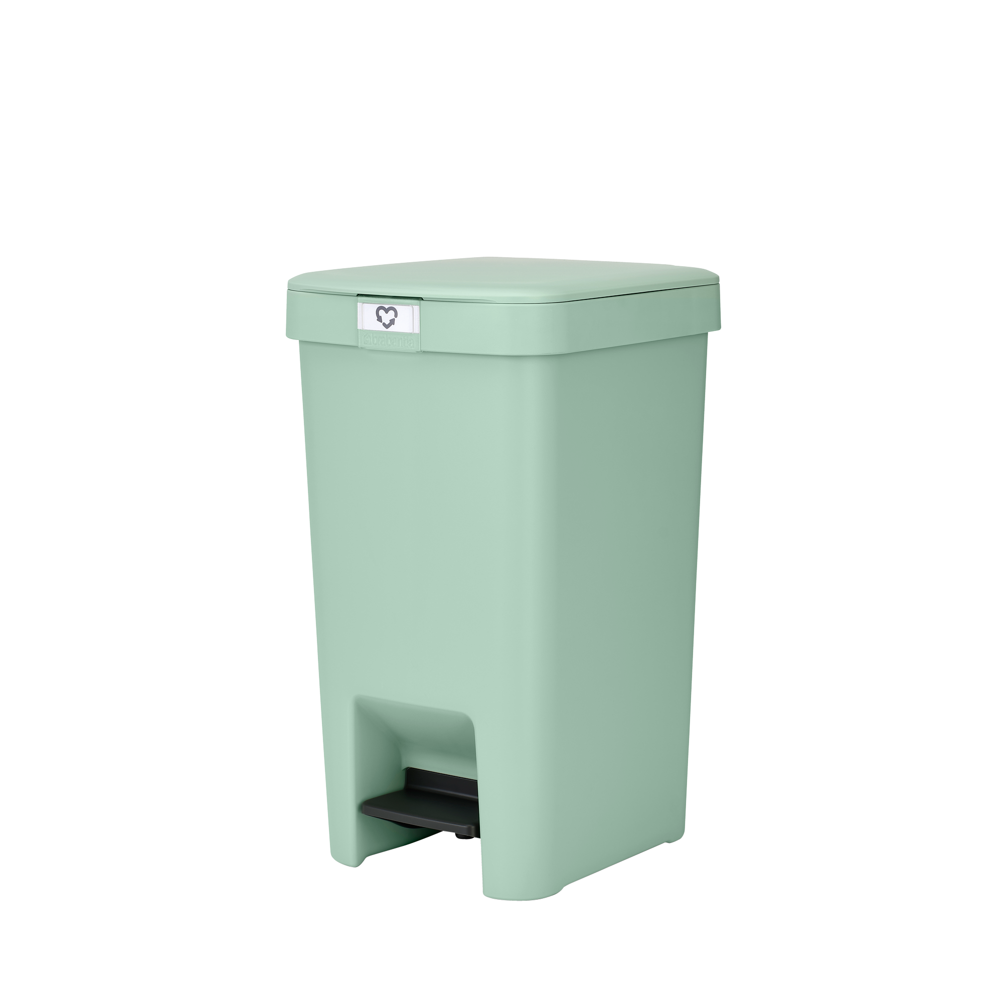 Une poubelle vert pâle avec un logo argenté et une pédale noire.
