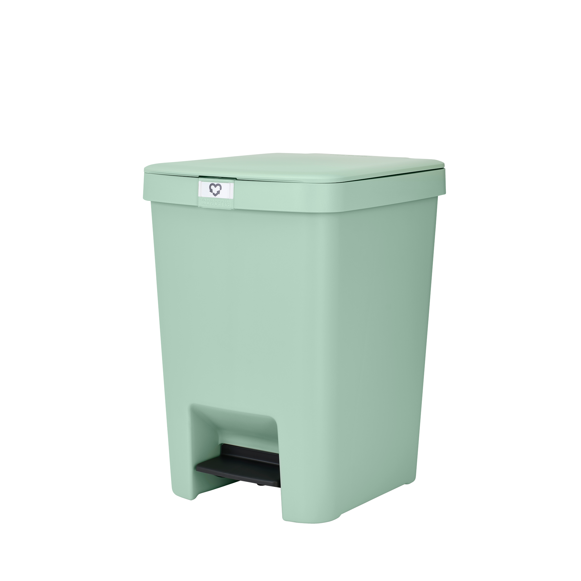 Een mintgroene prullenbak met een voetpedaal en hartlogo.