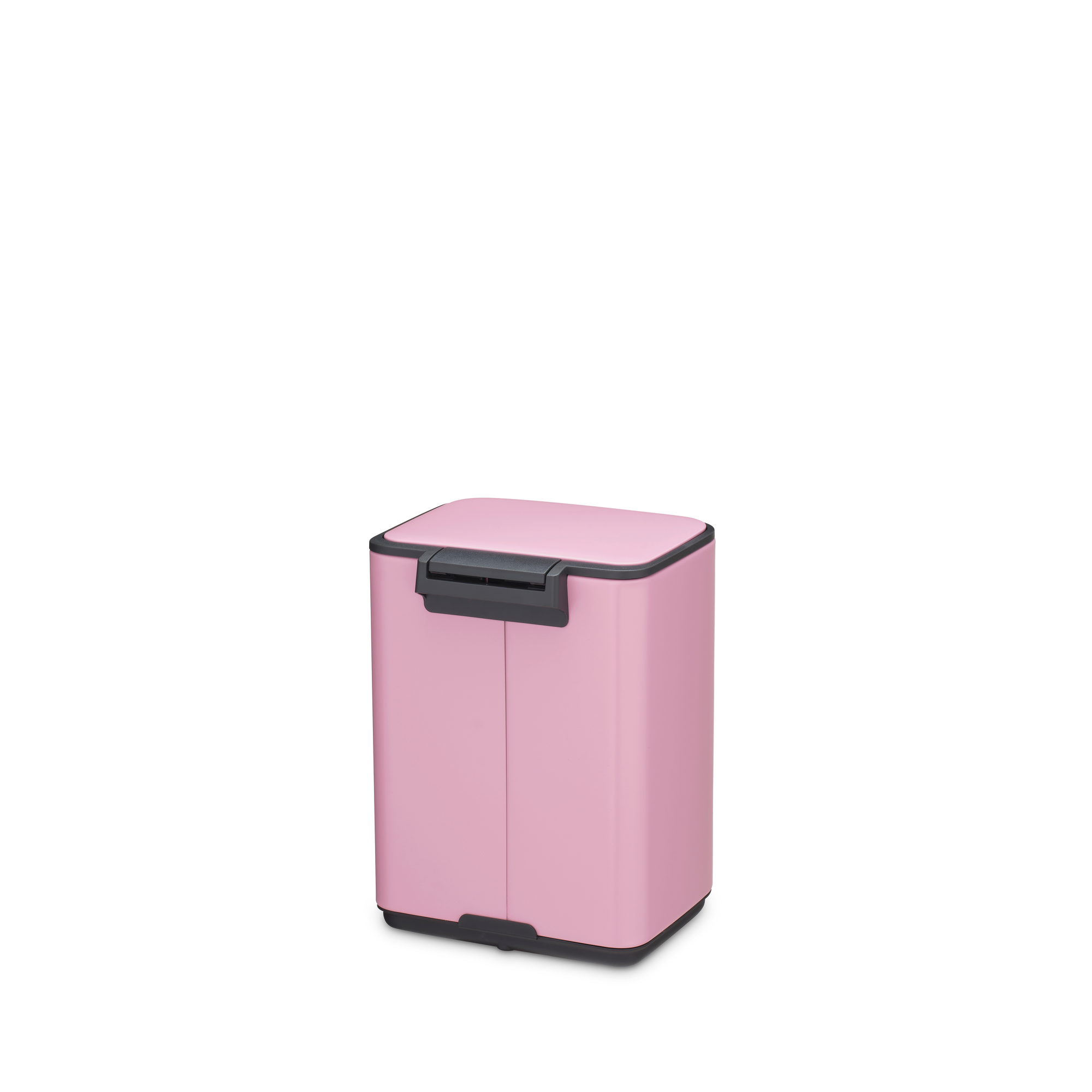 Een roze prullenbak met een zwarte handgreep en deksel.