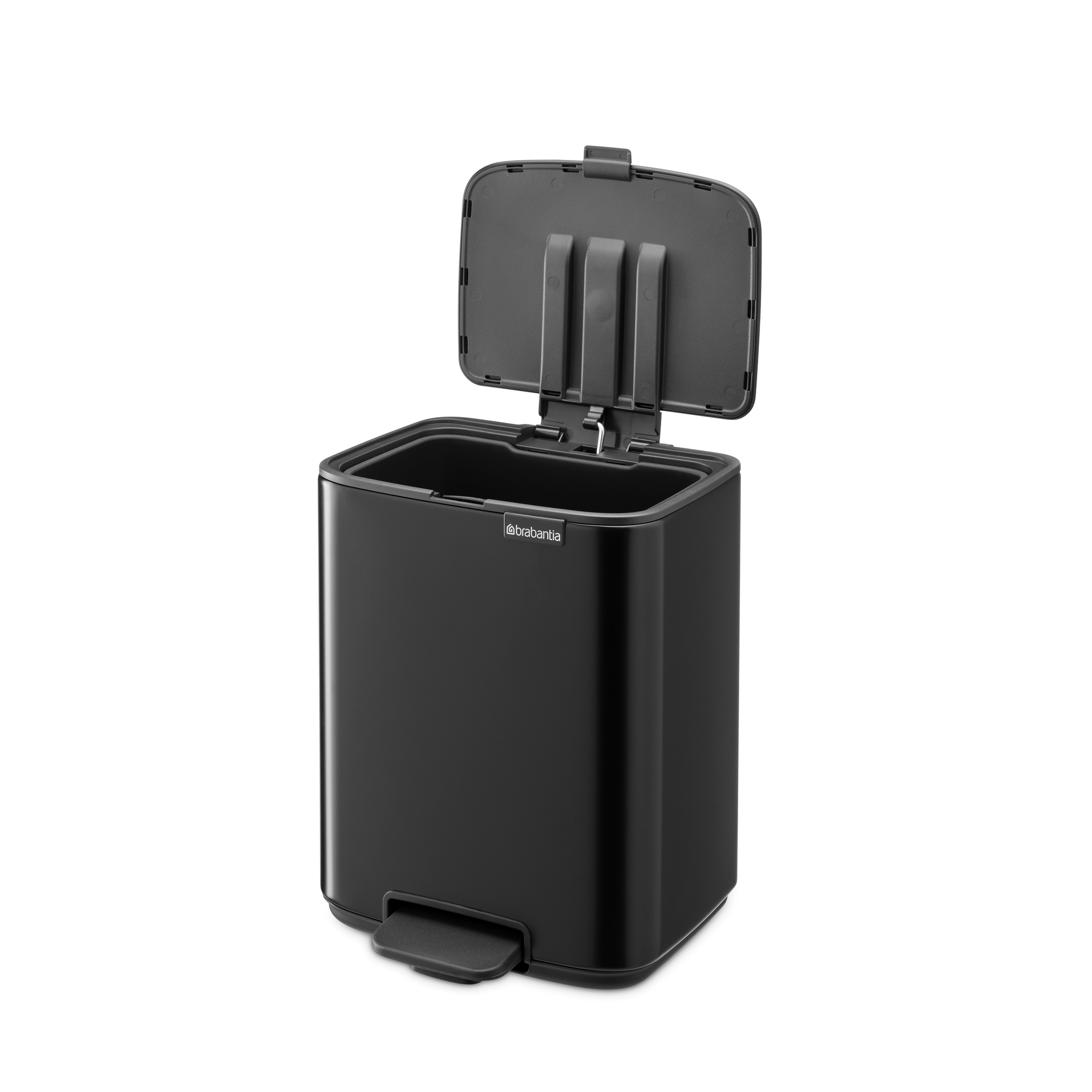 Black pedal bin with open lid on a white background.