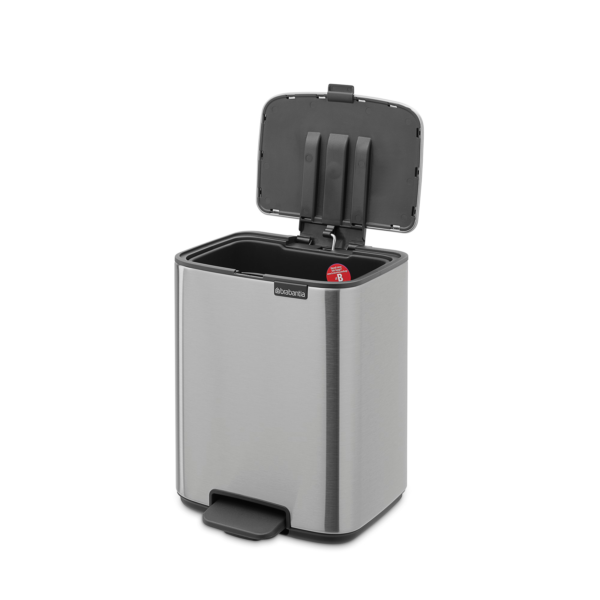 Een zilveren Brabantia pedaalemmer met open deksel op een witte achtergrond.