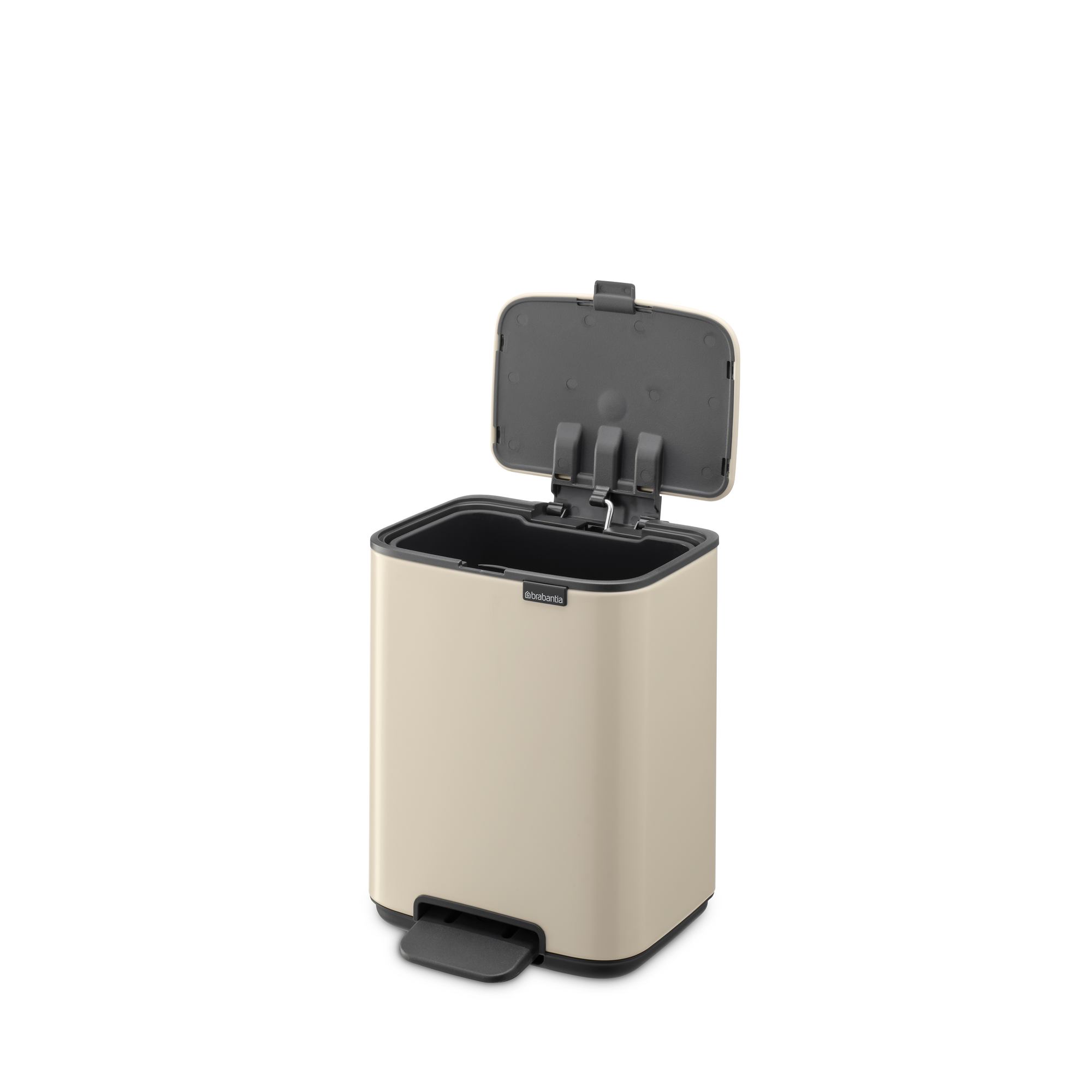 Beige pedaalemmer met open deksel en donkere binnenemmer.
