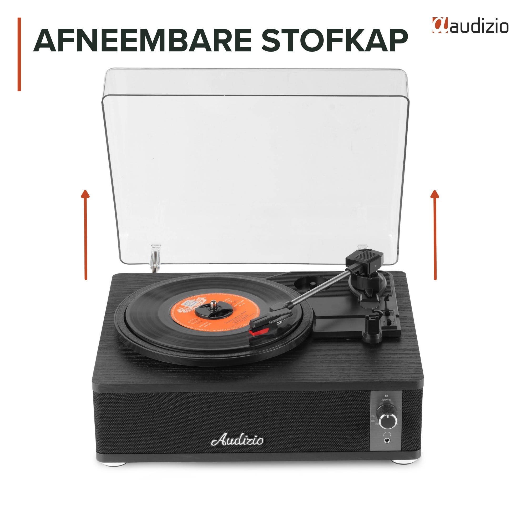 Tocadiscos negro con vinilo y brazo de lectura, con tapa transparente desmontable.