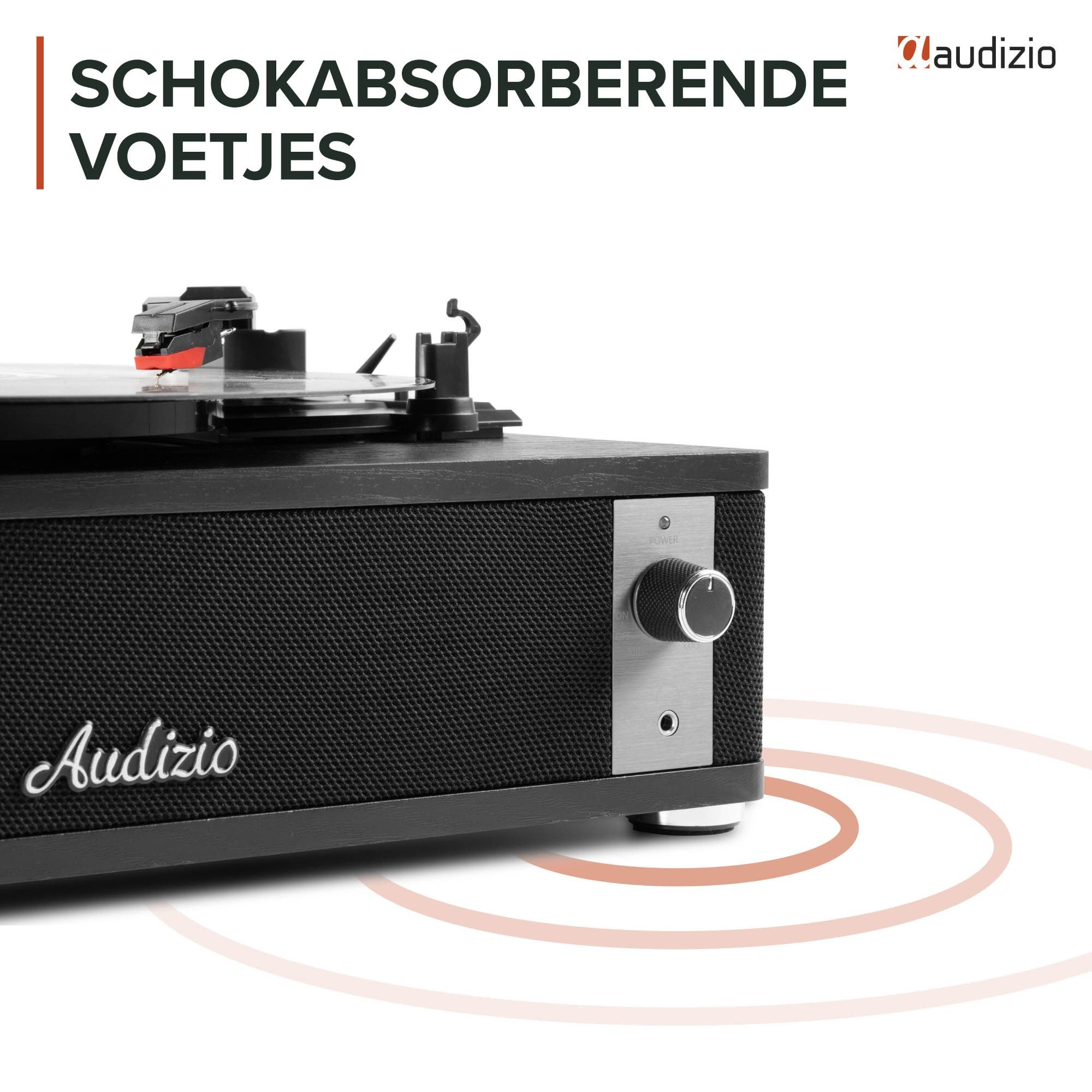 Un tocadiscos con cuerpo negro, aguja y el logo de Audizio.