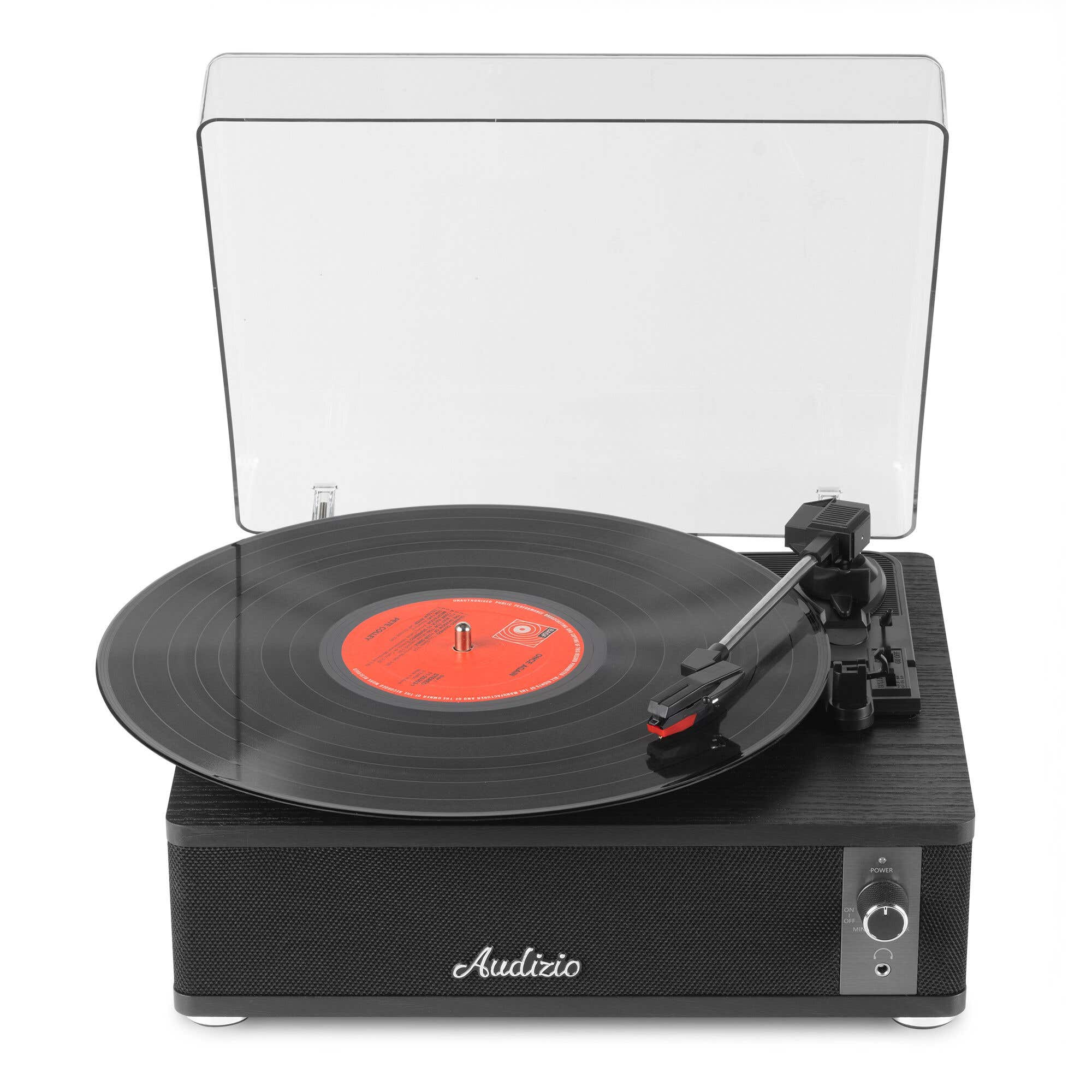 Un tocadiscos negro con vinilo y tapa transparente.