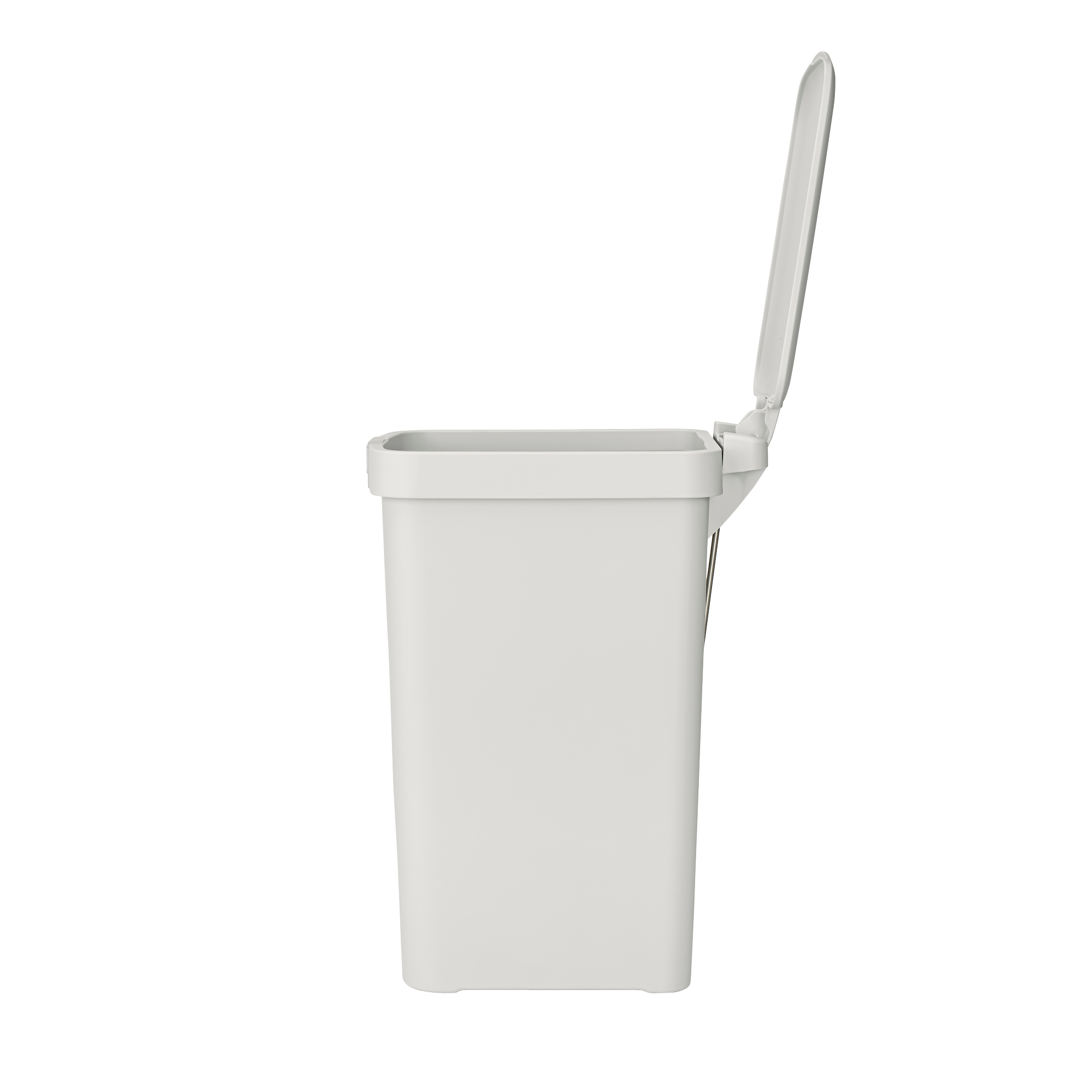 Een witte prullenbak met het deksel open op een witte achtergrond.