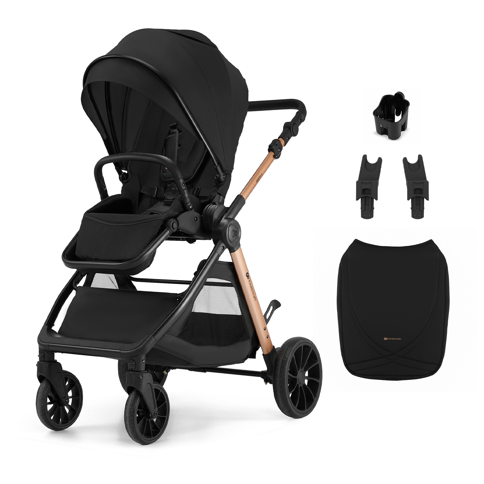 Schwarzer Kinderwagen mit Zubehör: Becherhalter, Adapter und Sitzauflage.