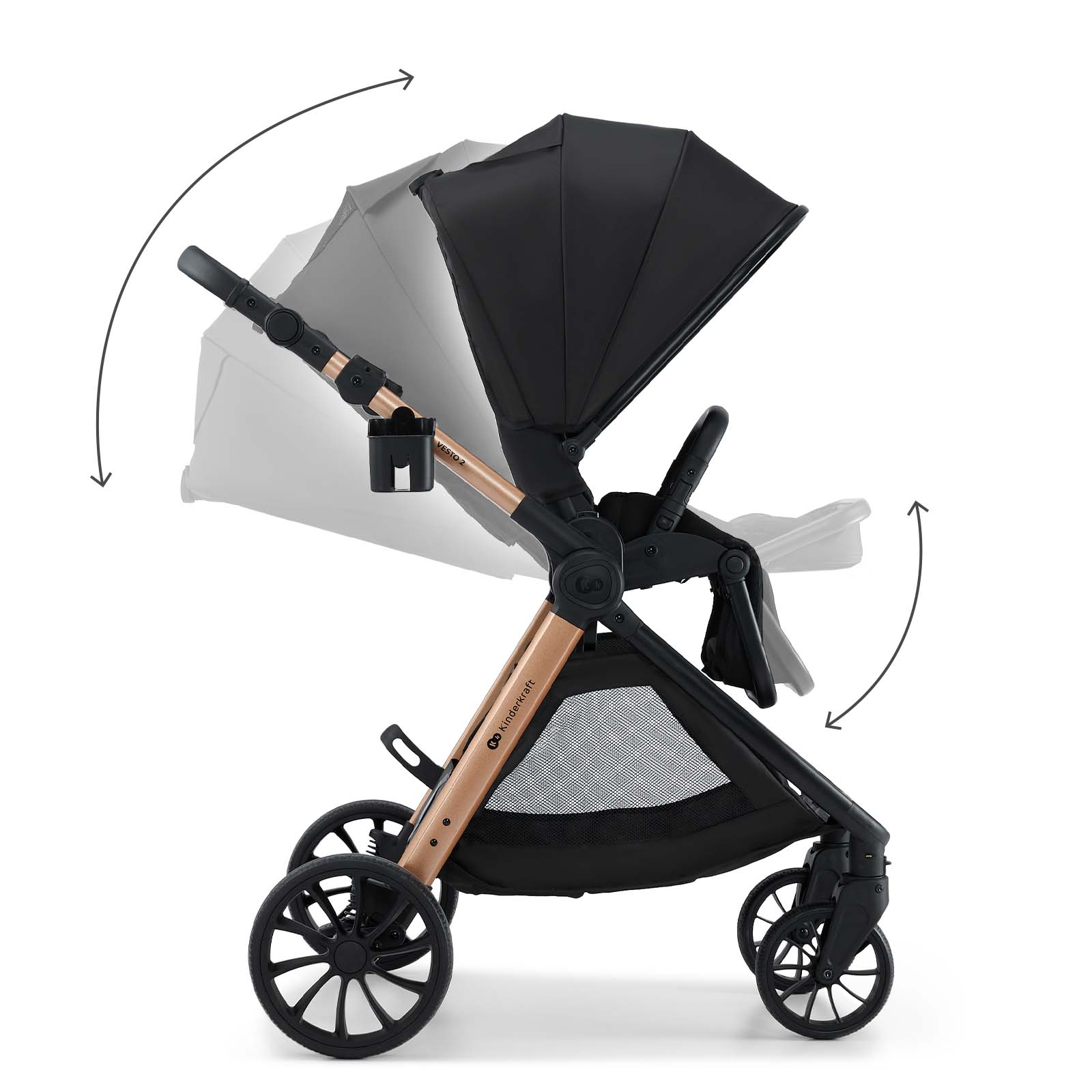 Ein schwarzer Kinderwagen mit kupferfarbenem Rahmen, verstellbarem Verdeck und Rädern.