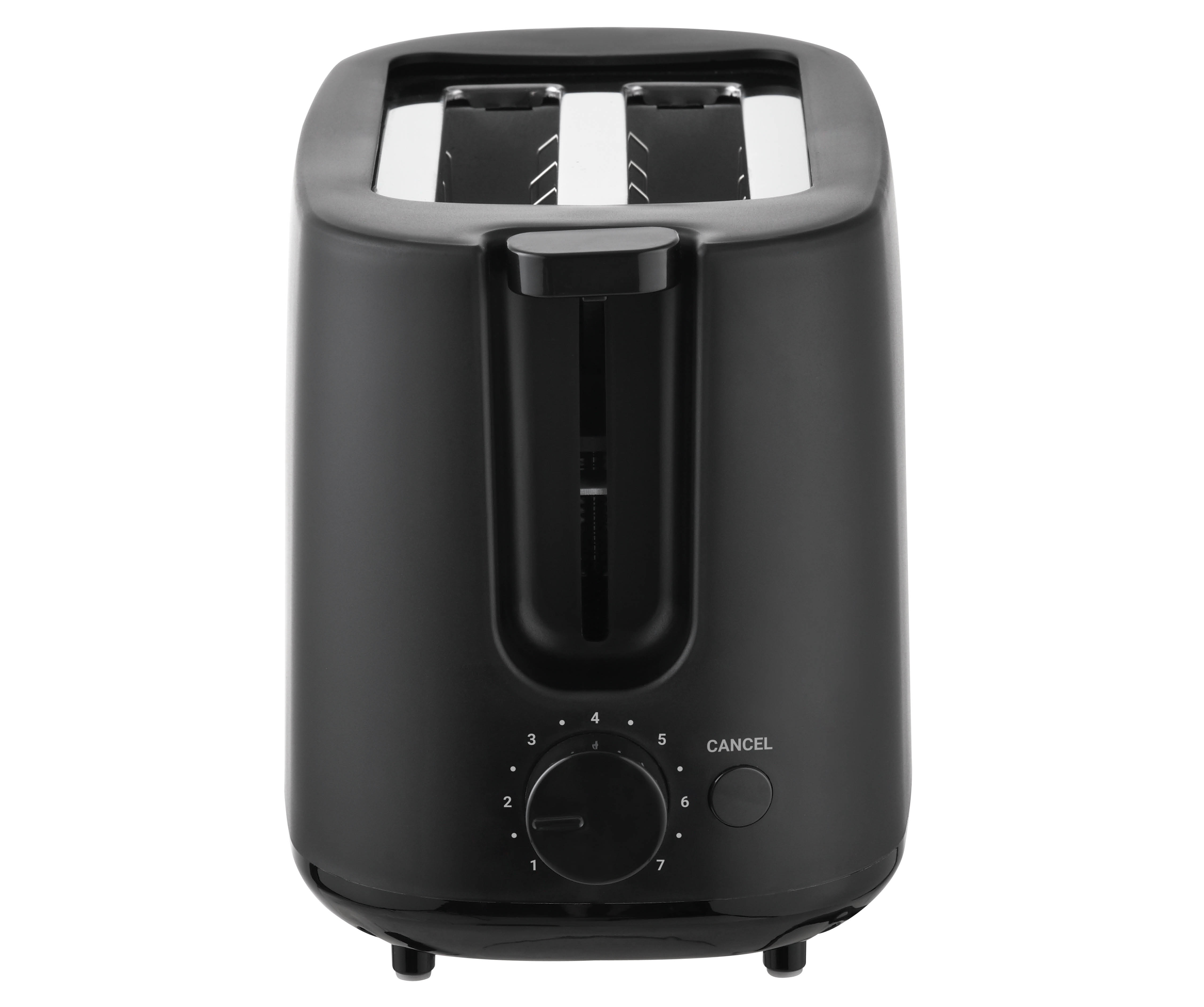 Ein schwarzer Toaster mit zwei Schlitzen und einem Einstellknopf.
