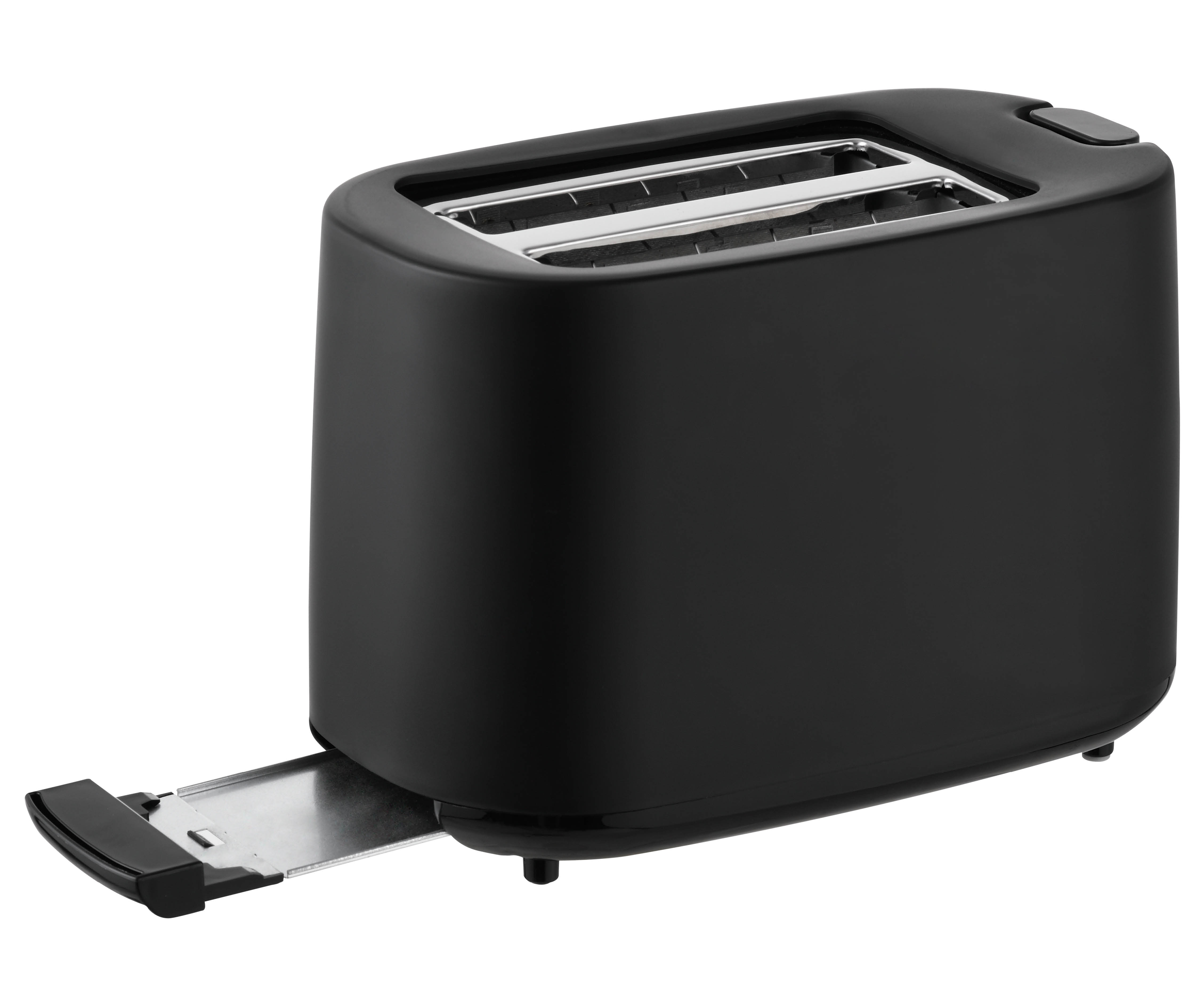 Ein schwarzer Toaster mit zwei Schlitzen und herausgezogener Krümelschublade.