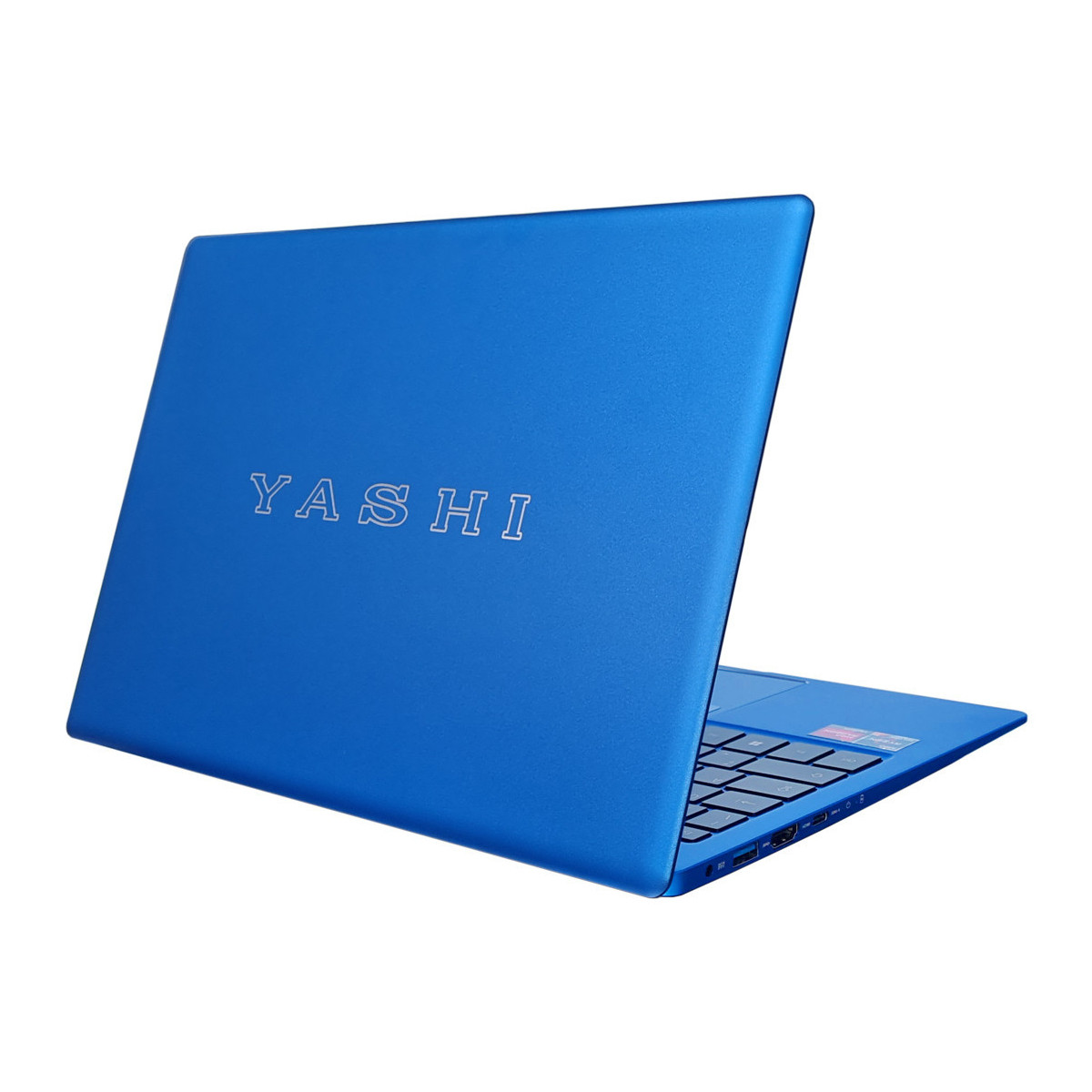 Un laptop blu con la scritta YASHI sul coperchio, parzialmente aperto.