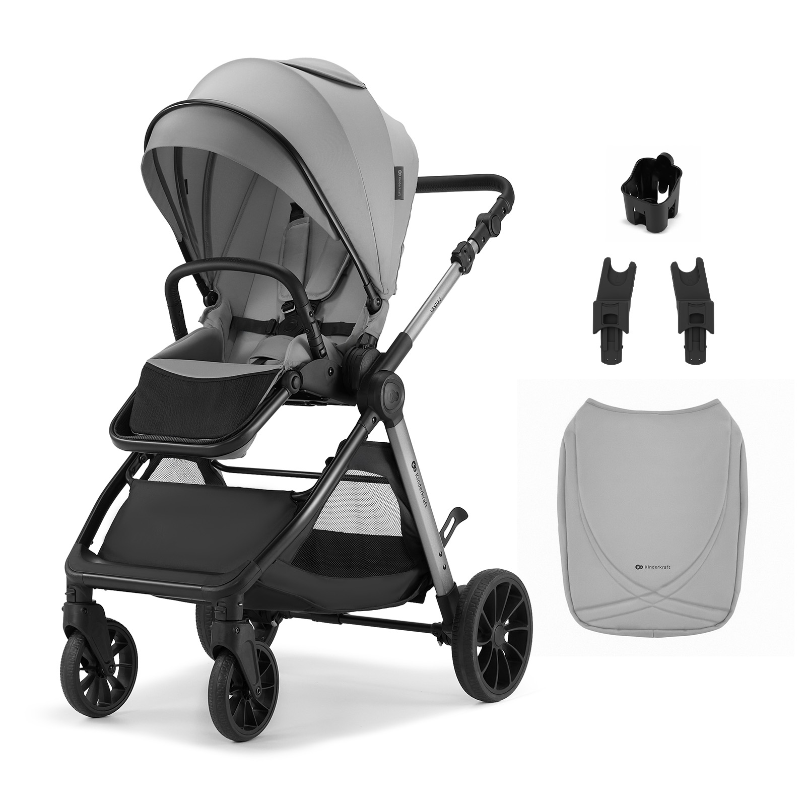 Ein grauer Kinderwagen mit Zubehör wie Becherhalter und Adaptern.