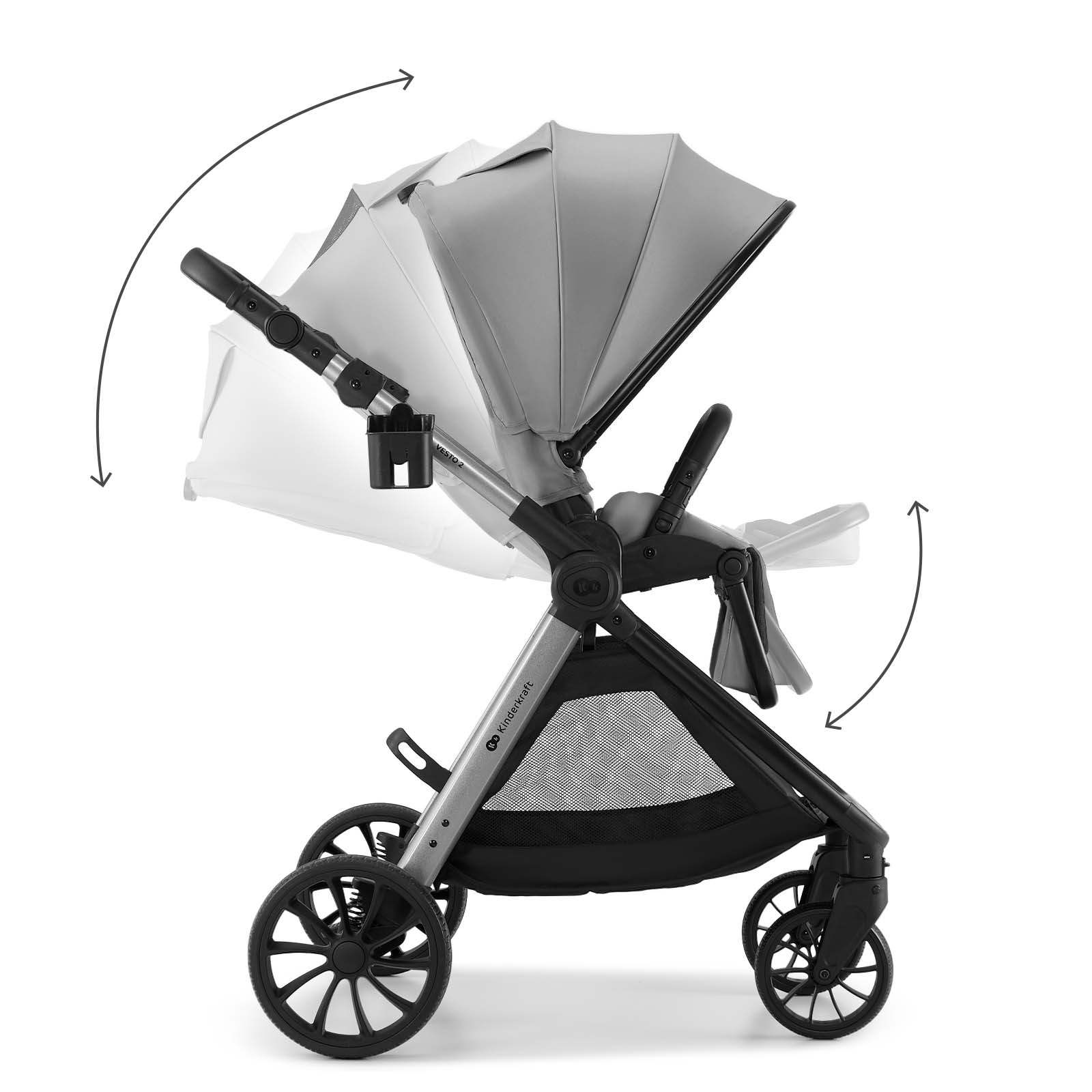 Ein grauer Kinderwagen mit schwarzen Rädern und einem Getränkehalter.