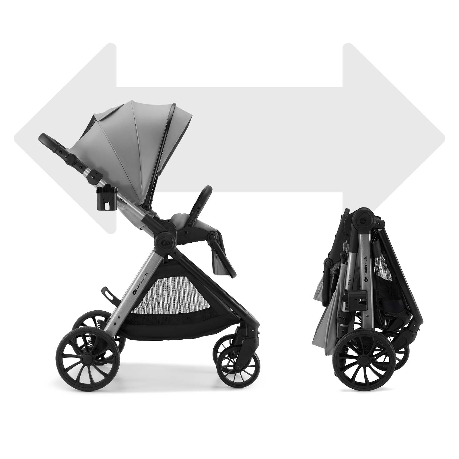 Ein grauer Kinderwagen in voller Größe und zusammengeklappt.
