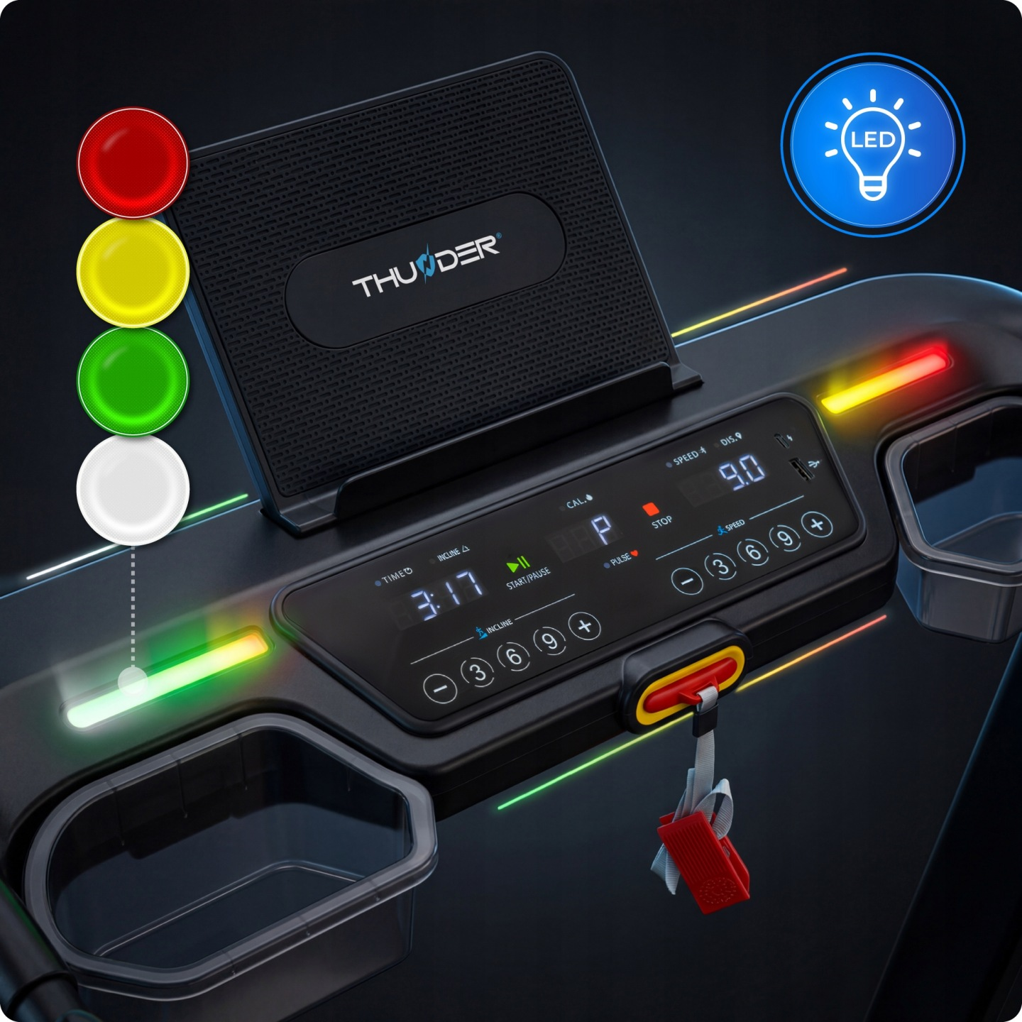 Moderne Laufbandkonsole mit LED-Anzeigen, Geschwindigkeit 9,0 und Sicherheitsschlüssel.