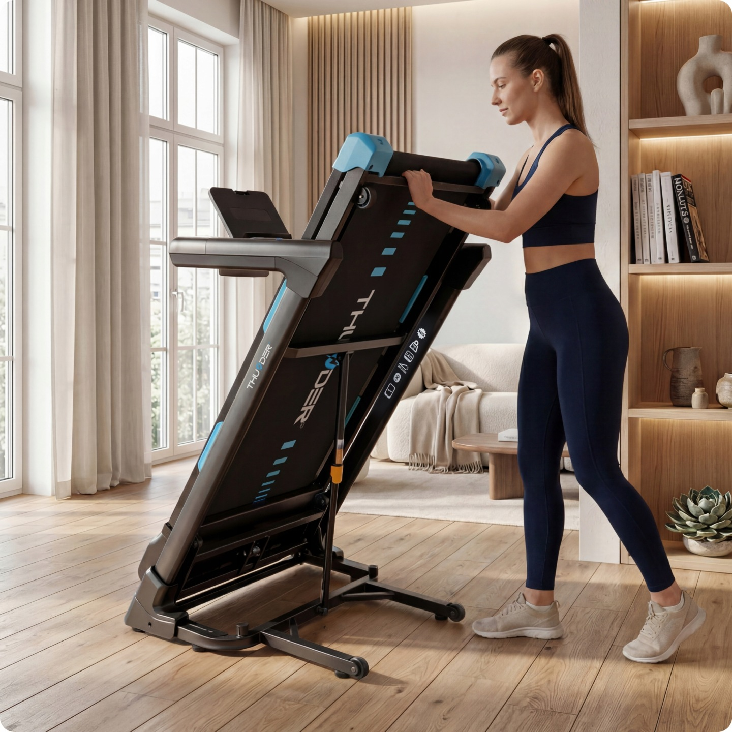 Eine Frau trainiert auf einem Laufband in einem hellen, modernen Wohnzimmer mit Holzboden.