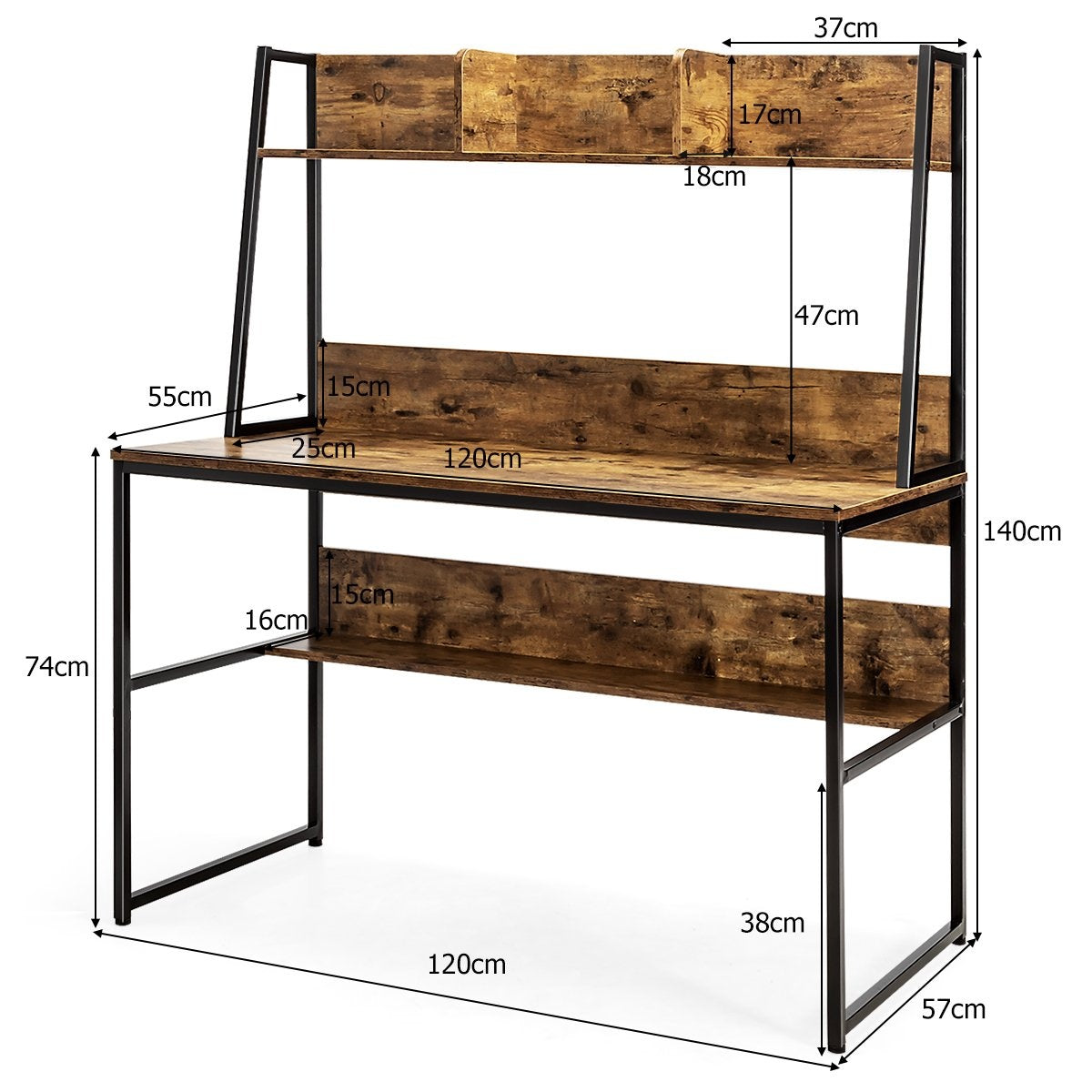 Een houten bureau met zwarte metalen poten en planken.