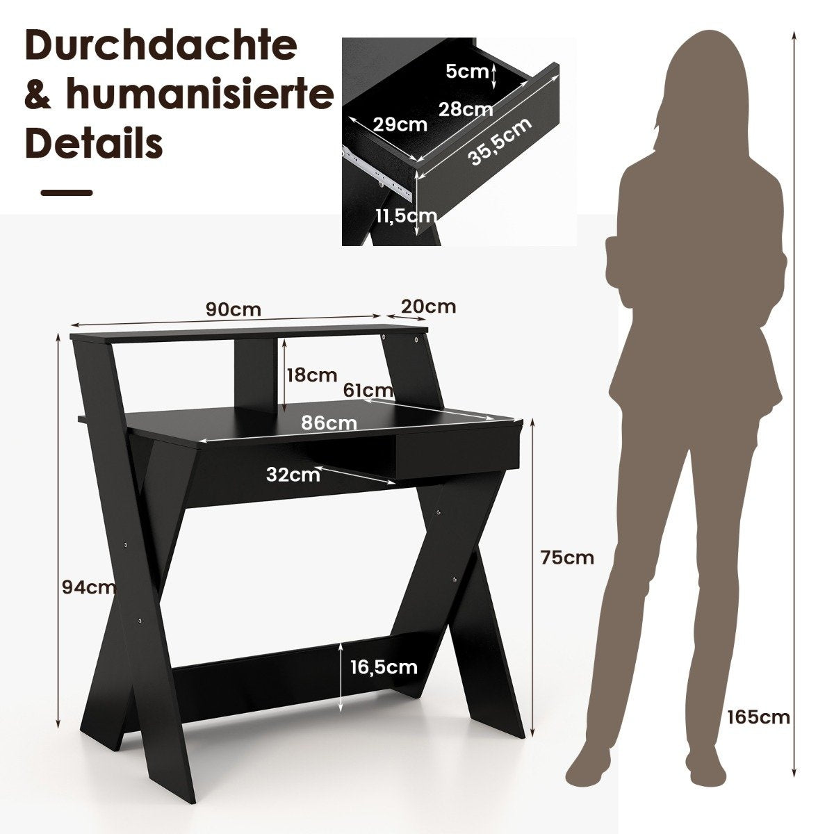 Zwart bureau met afmetingen en een silhouet van een persoon.
