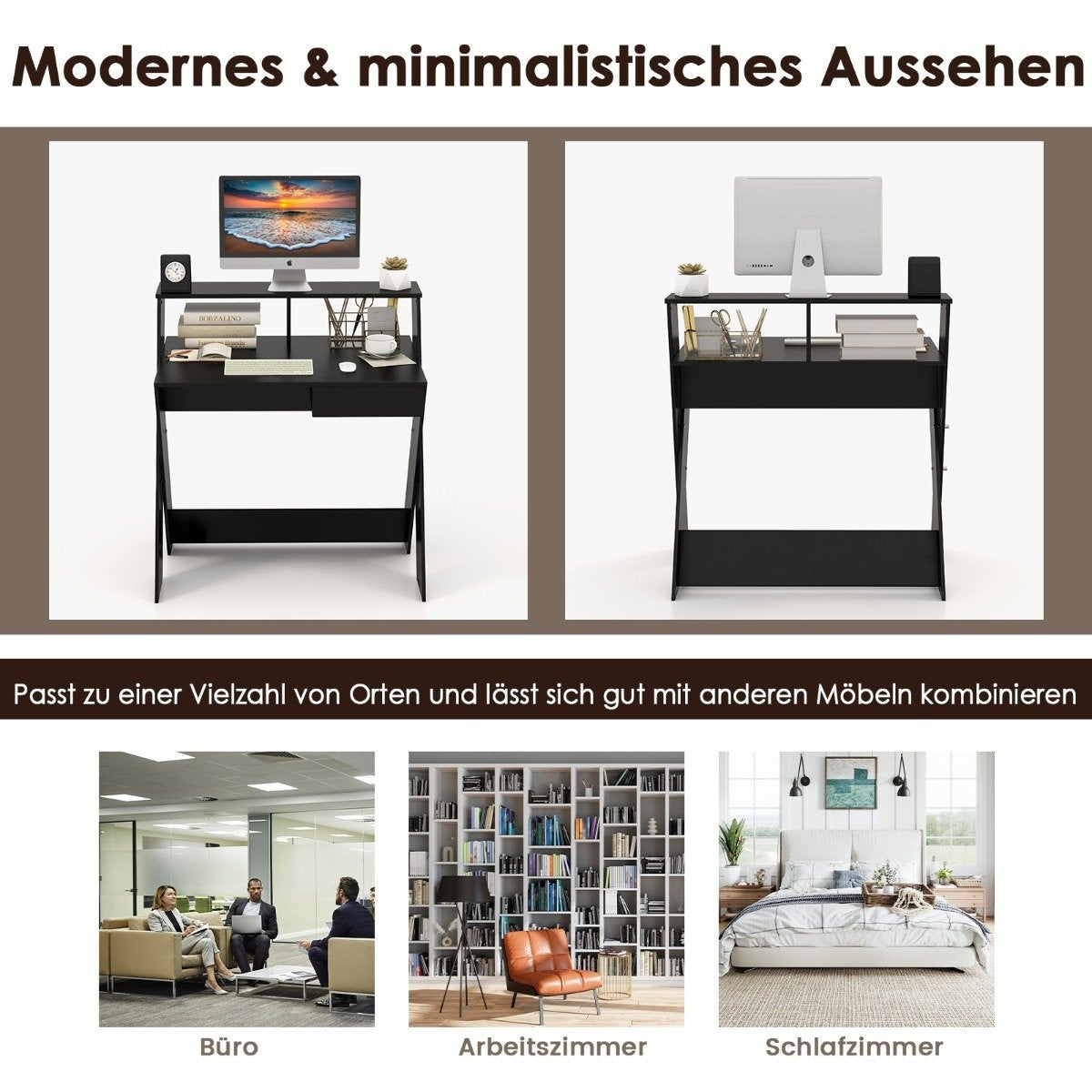 Een zwart bureau met computers en kantoorbenodigdheden, naast een kantoor, studeerkamer en slaapkamer.