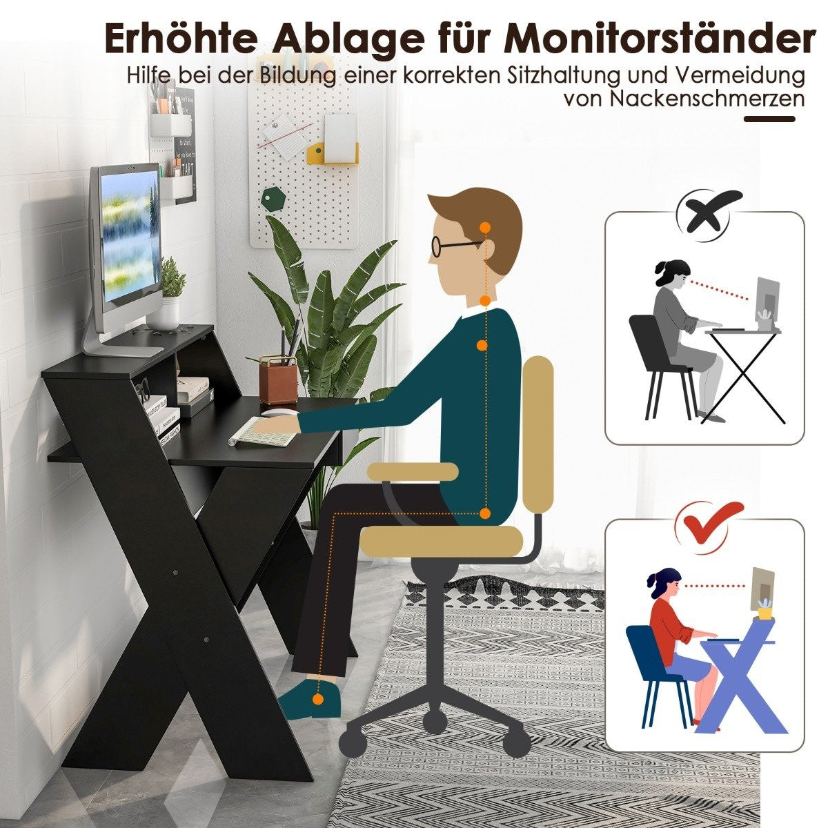 Een man zit aan een zwart bureau met een monitor. De juiste houding wordt getoond.