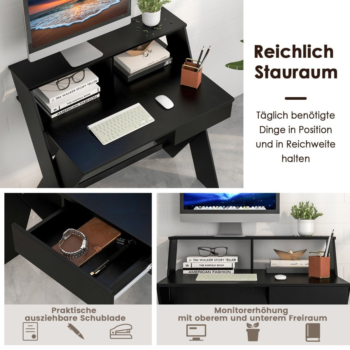 Zwart bureau met monitor, toetsenbord, muis, boeken en een plant.