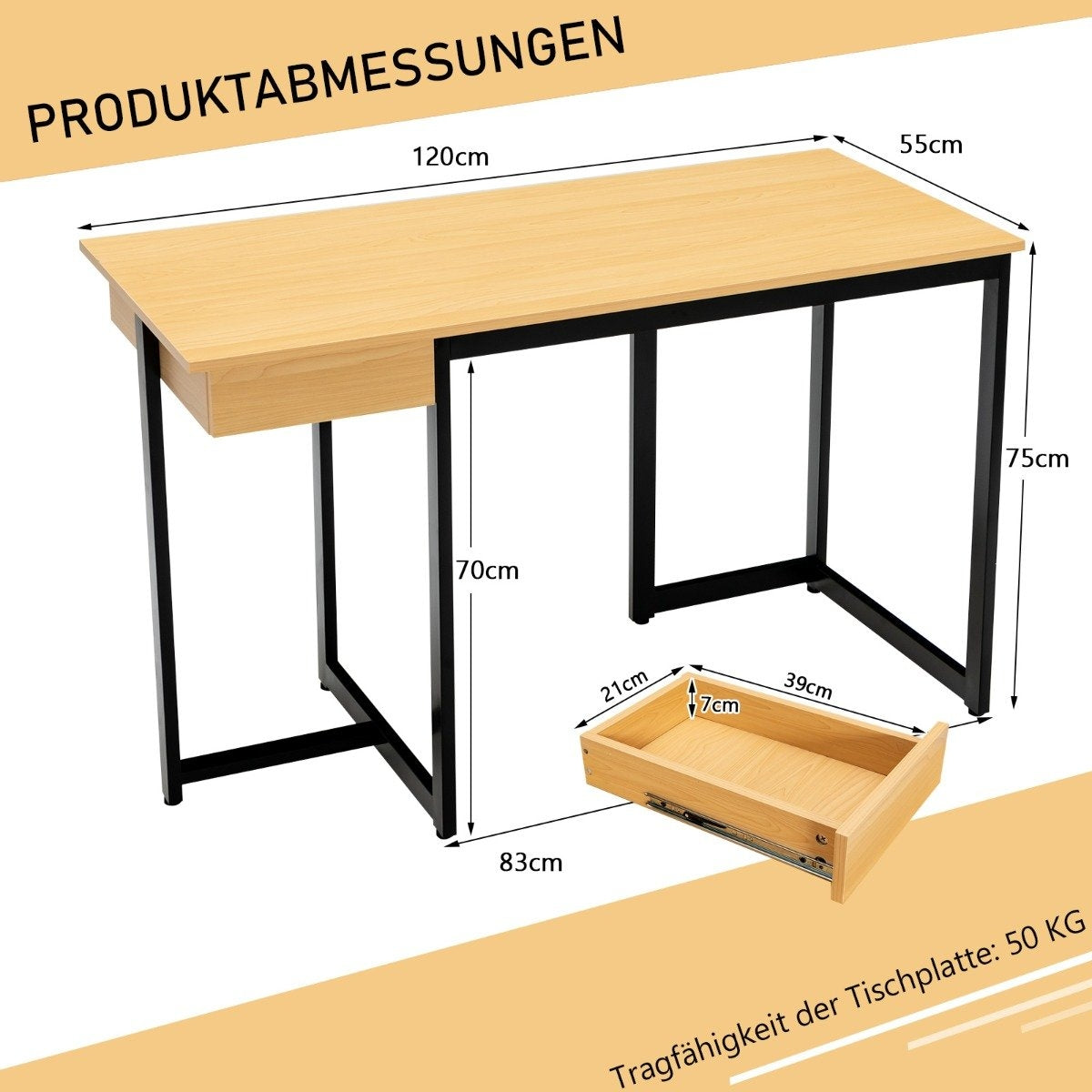 Een licht houten bureau met zwarte metalen poten en een lade. Afmetingen zijn aangegeven.
