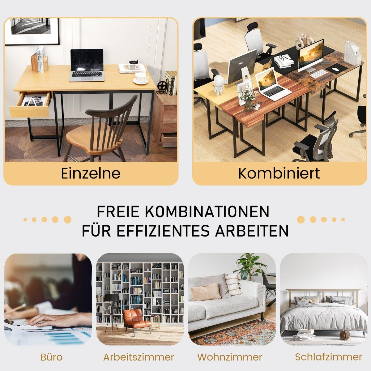 Enkele bureau, gecombineerde bureaus, kantoor, boekenplank, woonkamer, slaapkamer.