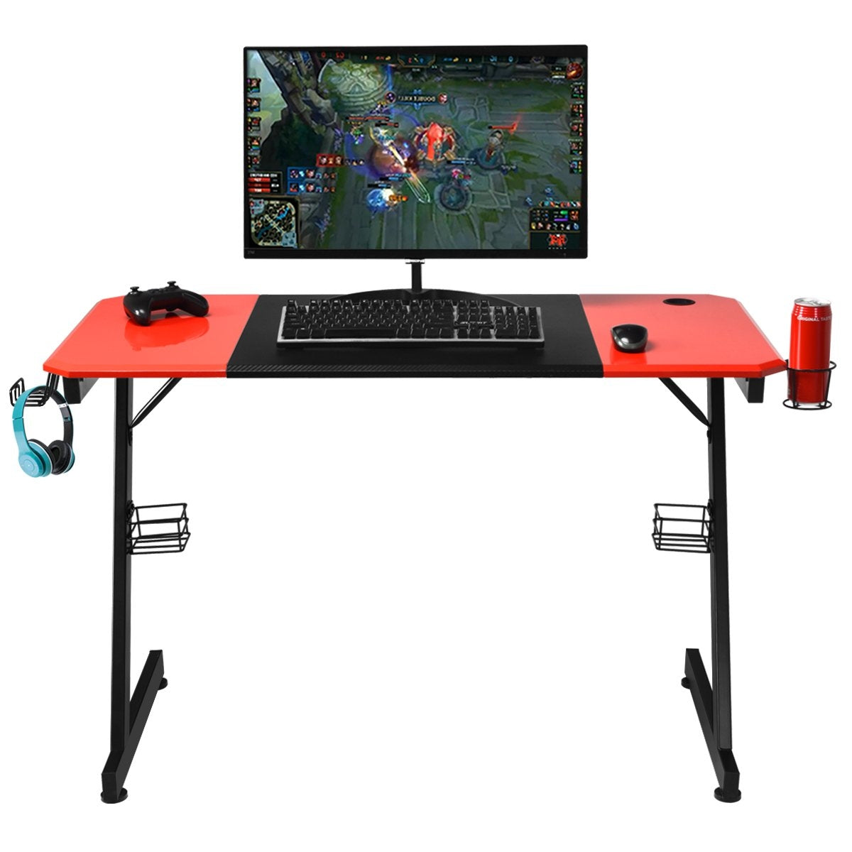 Een rode gaming bureau met monitor, toetsenbord, muis en controller.