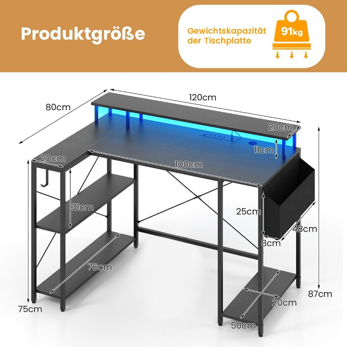 L-vormig bureau met afmetingen en planken. 120cm x 80cm.