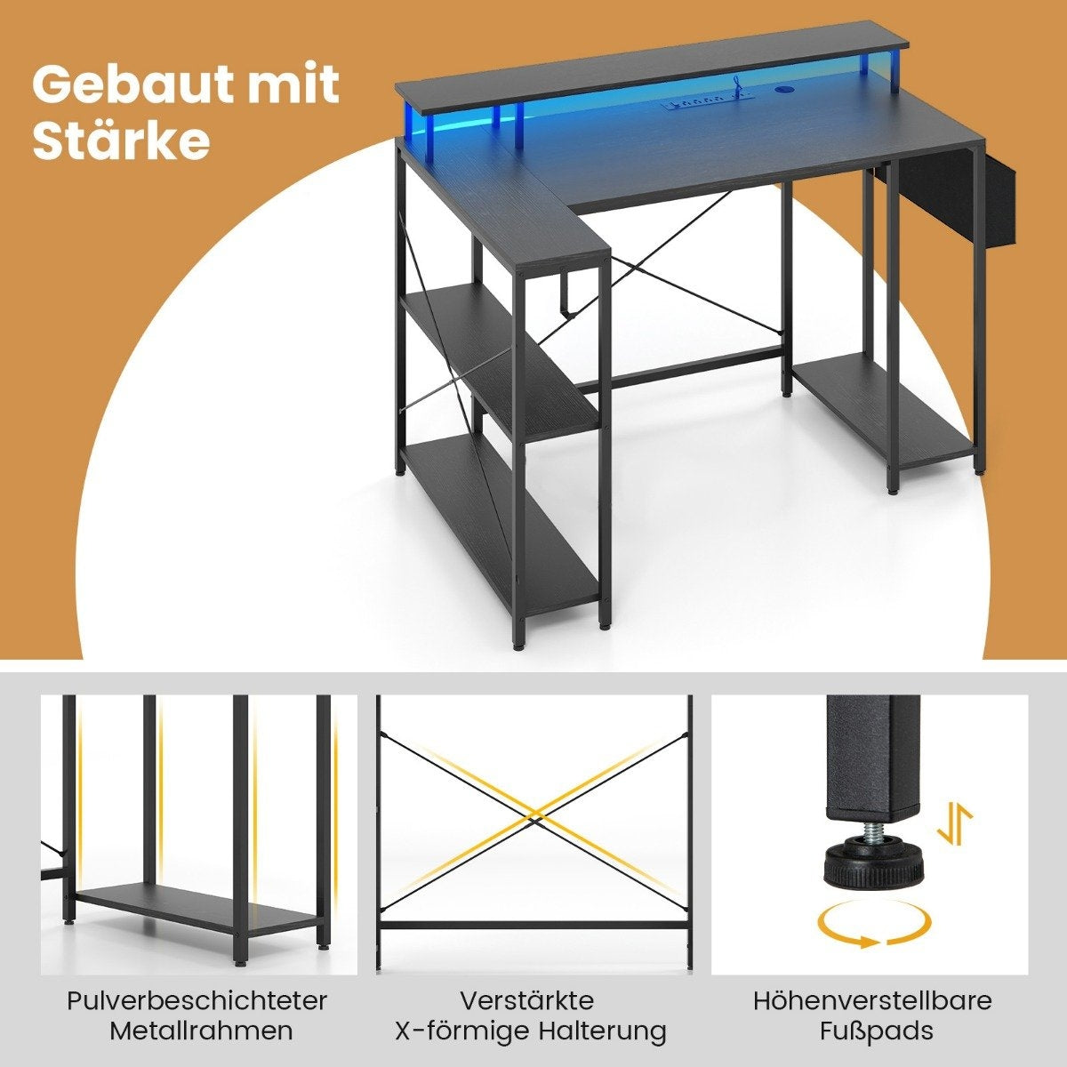 L-vormig bureau met zwarte planken en blauwe LED-verlichting. Gebouwd met kracht.