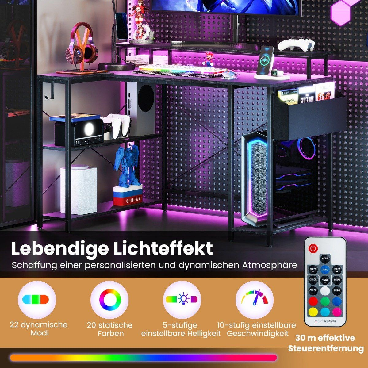 Een gaming bureau met RGB-verlichting, computers, koptelefoons en controllers.