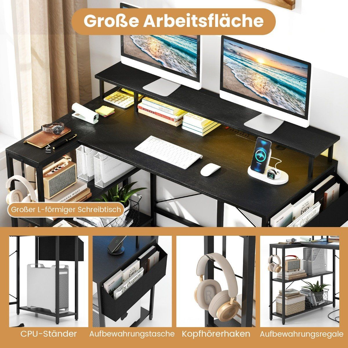 Een zwart L-vormig bureau met twee monitoren, toetsenbord, muis en telefoonoplaadstation.