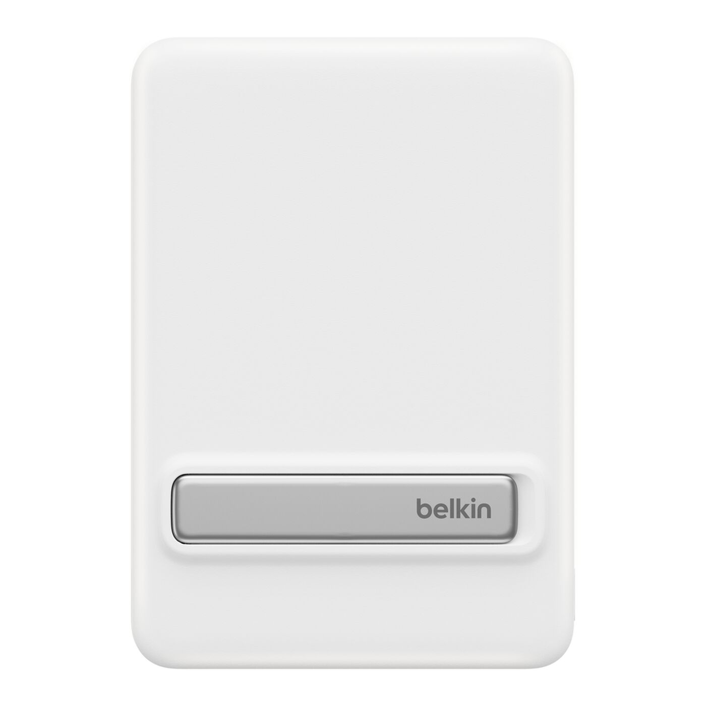 Un caricatore wireless Belkin bianco con una striscia argentata.