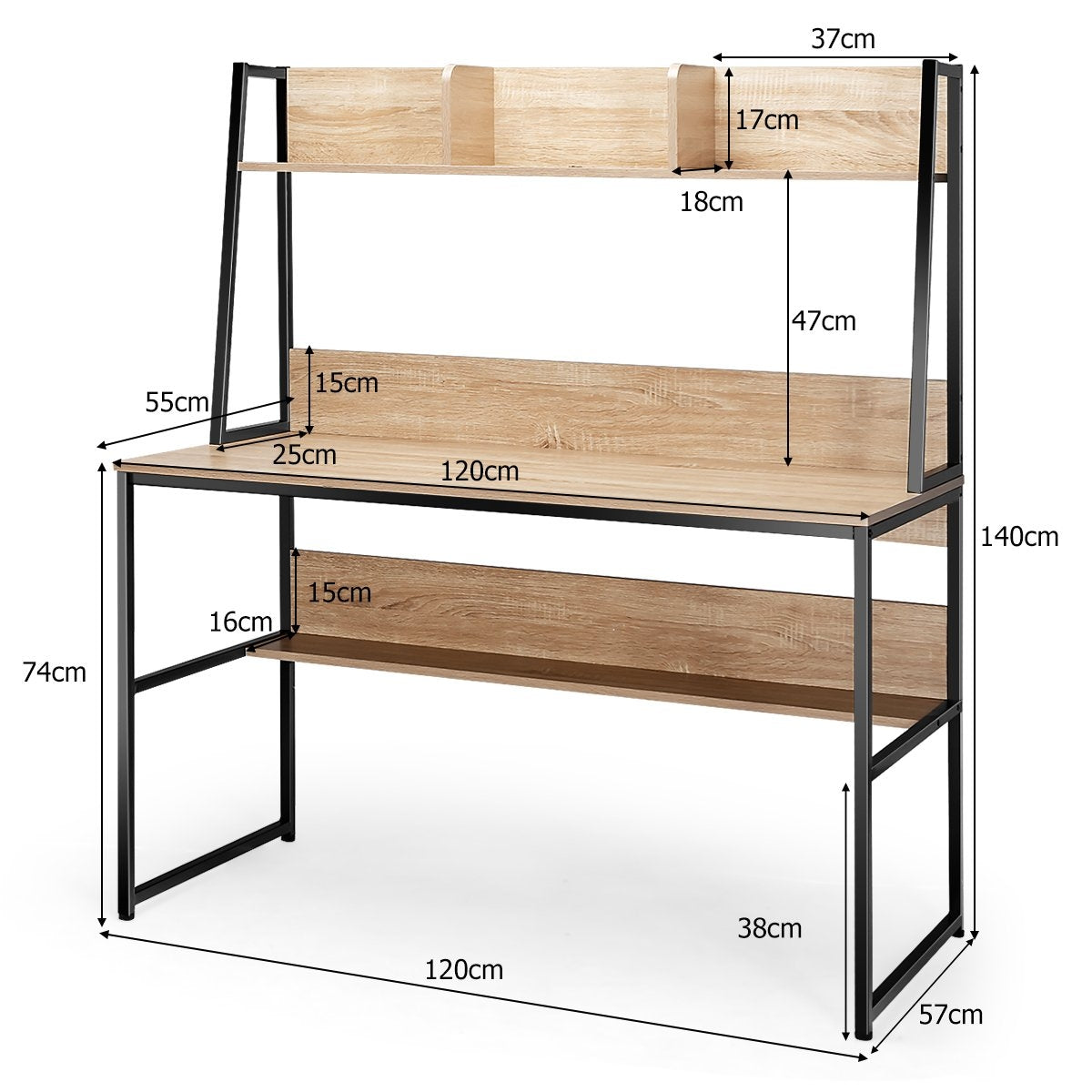 Een houten bureau met zwart metalen frame en planken. Afmetingen zijn aangegeven.
