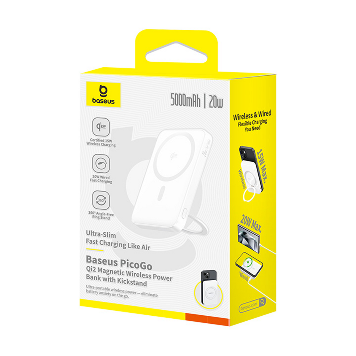 Caja de batería externa magnética Baseus PicoGo Qi2: 5000mAh, 20W, carga inalámbrica y por cable.