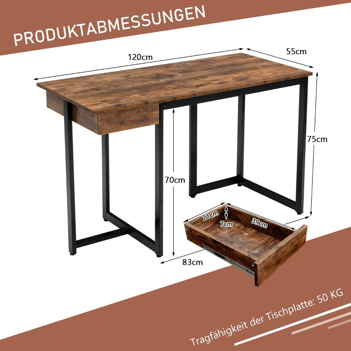 Houten bureau met zwarte metalen poten, afmetingen: 120x55x75cm.