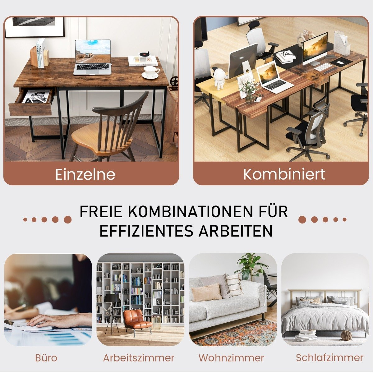 Collage kantoormeubelen: Enkele bureau, gecombineerde bureaus, kantoor, studeerkamer, woonkamer, slaapkamer.