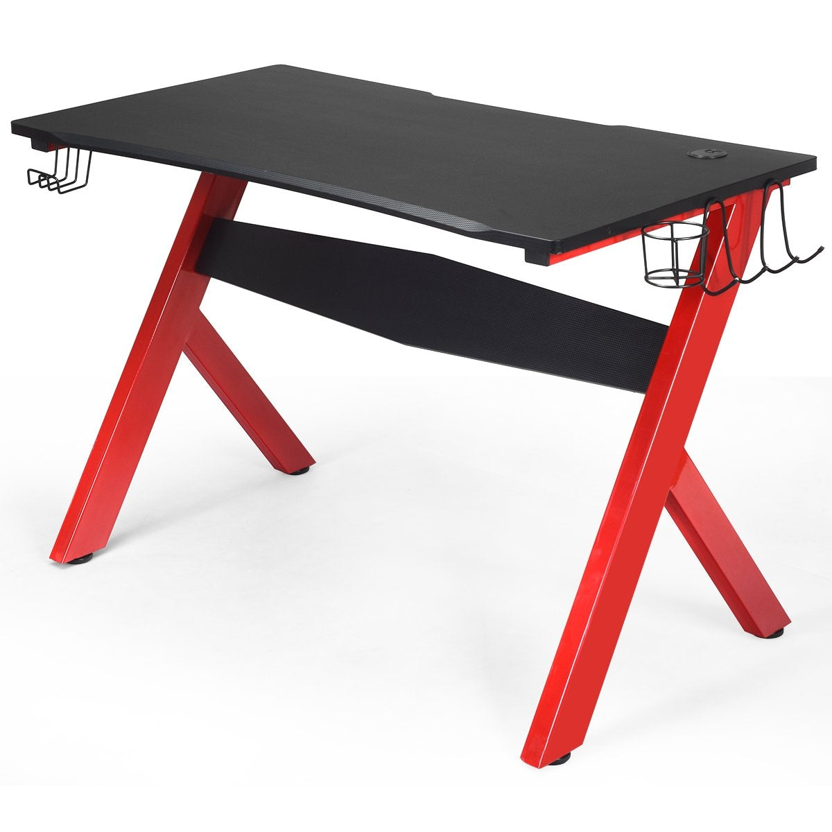Een zwart bureau met rode X-vormige poten, een bekerhouder en haken.