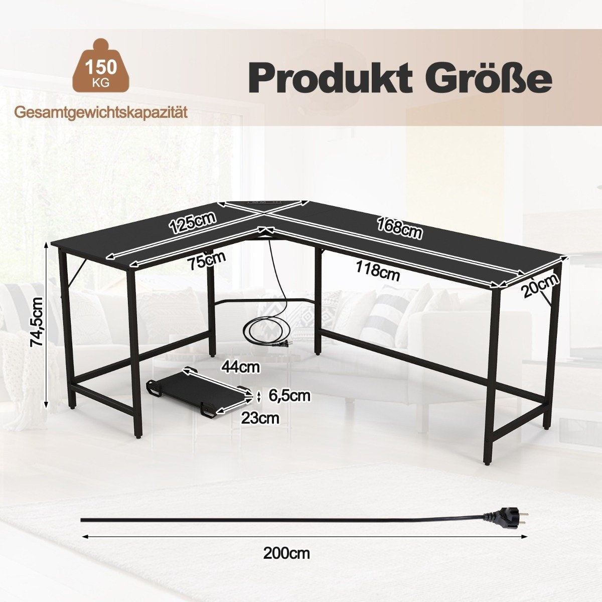 L-vormig zwart bureau met afmetingen: 74,5cm hoogte, 125cm en 168cm lengte.
