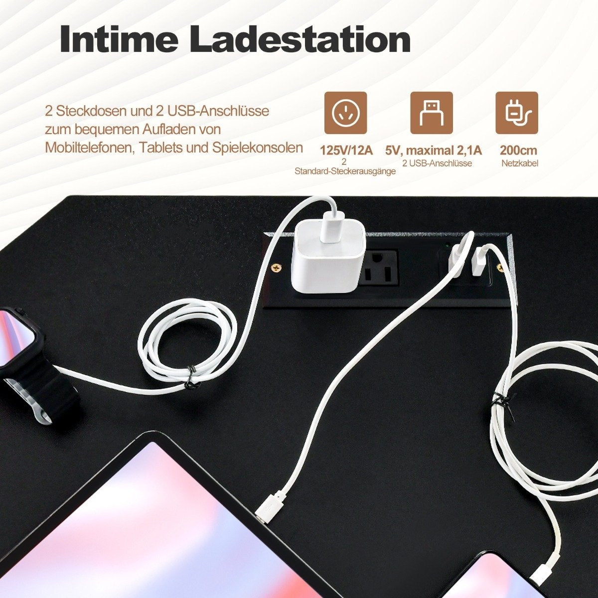 Laadstation met 2 stopcontacten, 2 USB-poorten, laadt telefoon, tablet, console. 200cm kabel.