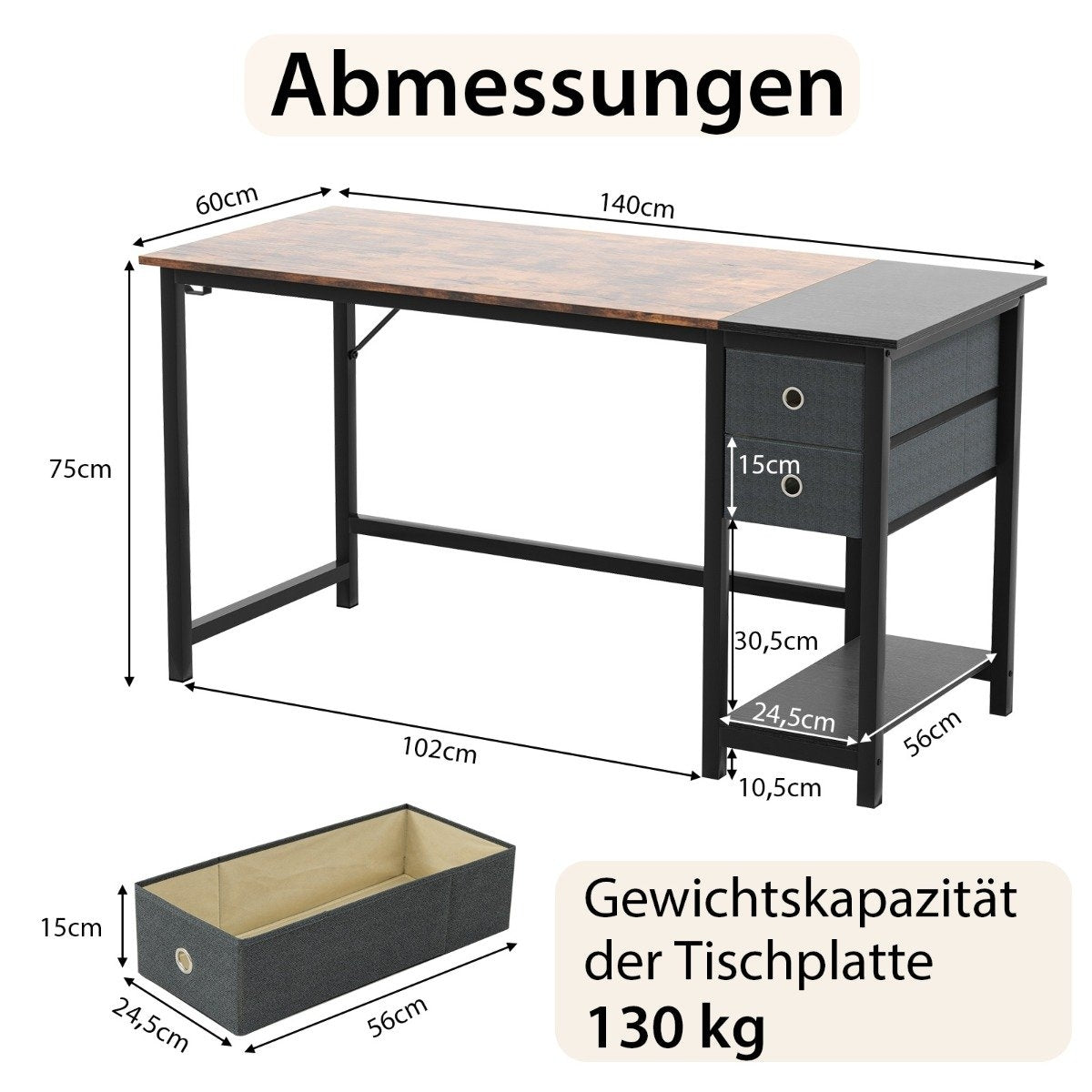 Bureau met afmetingen: 140x60x75cm. Met lades en een plank.