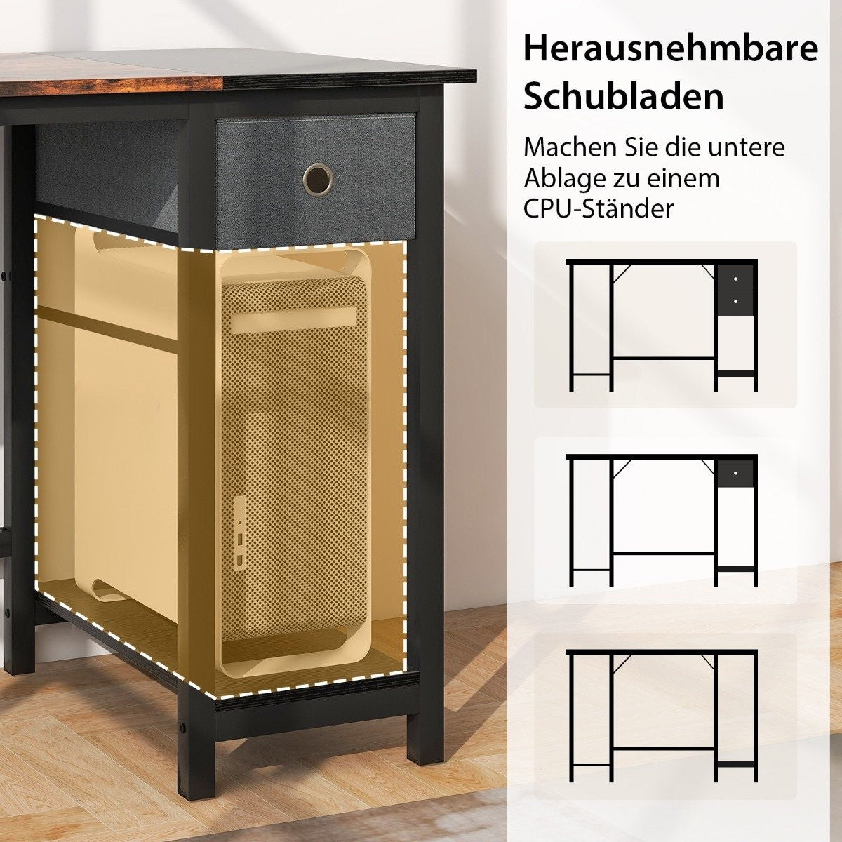 Een computertoren staat op de plank van een zwart bureau met één lade.