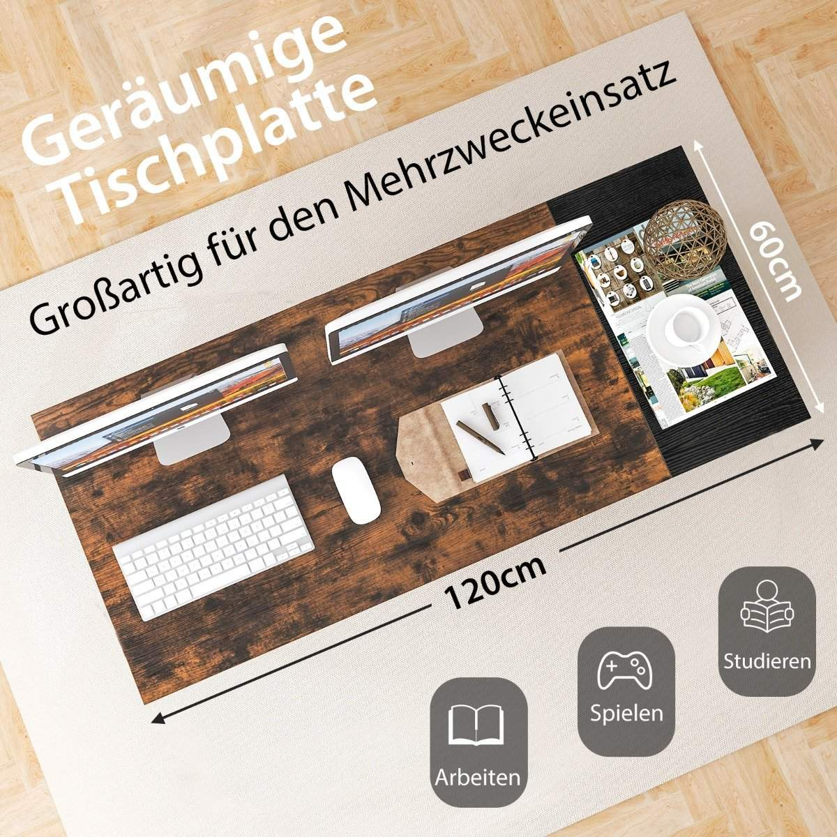Een houten bureauoppervlak met twee monitoren, toetsenbord, muis en notitieboek.