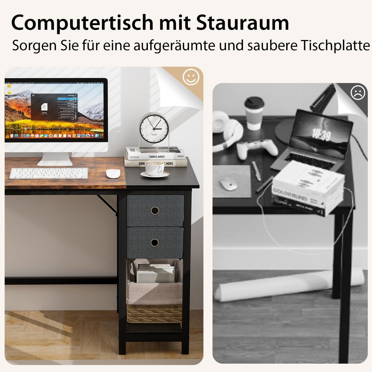 Georganiseerd vs. rommelig bureau: één met en één zonder opbergruimte.