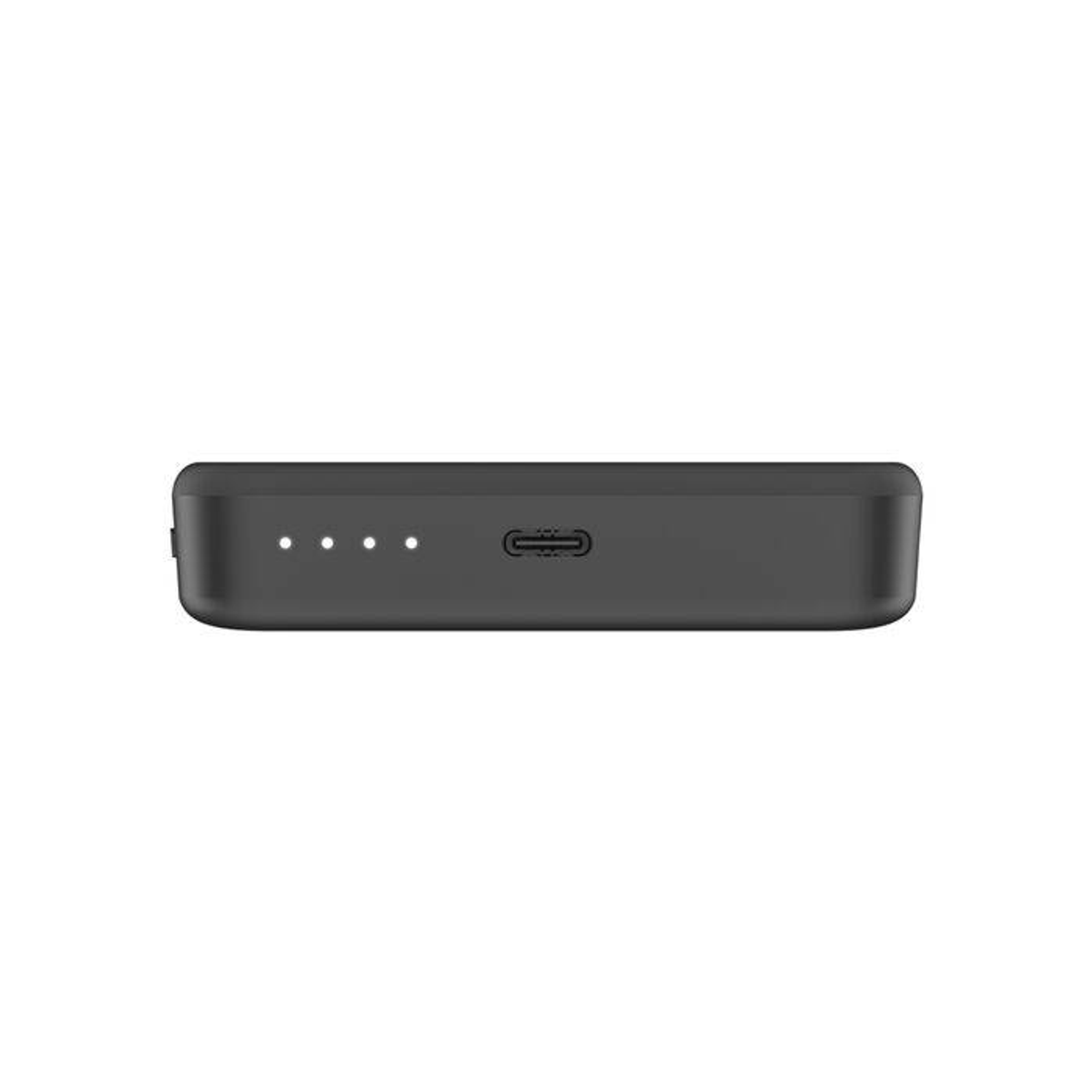 Power bank nero con porta USB-C e quattro spie di carica.
