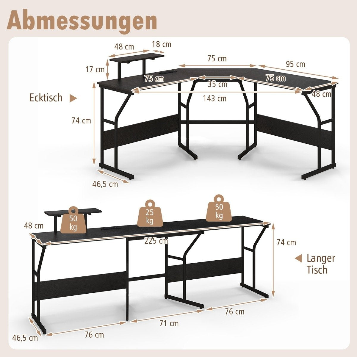 Diagram toont een zwart hoekbureau en een lange tafel met afmetingen.