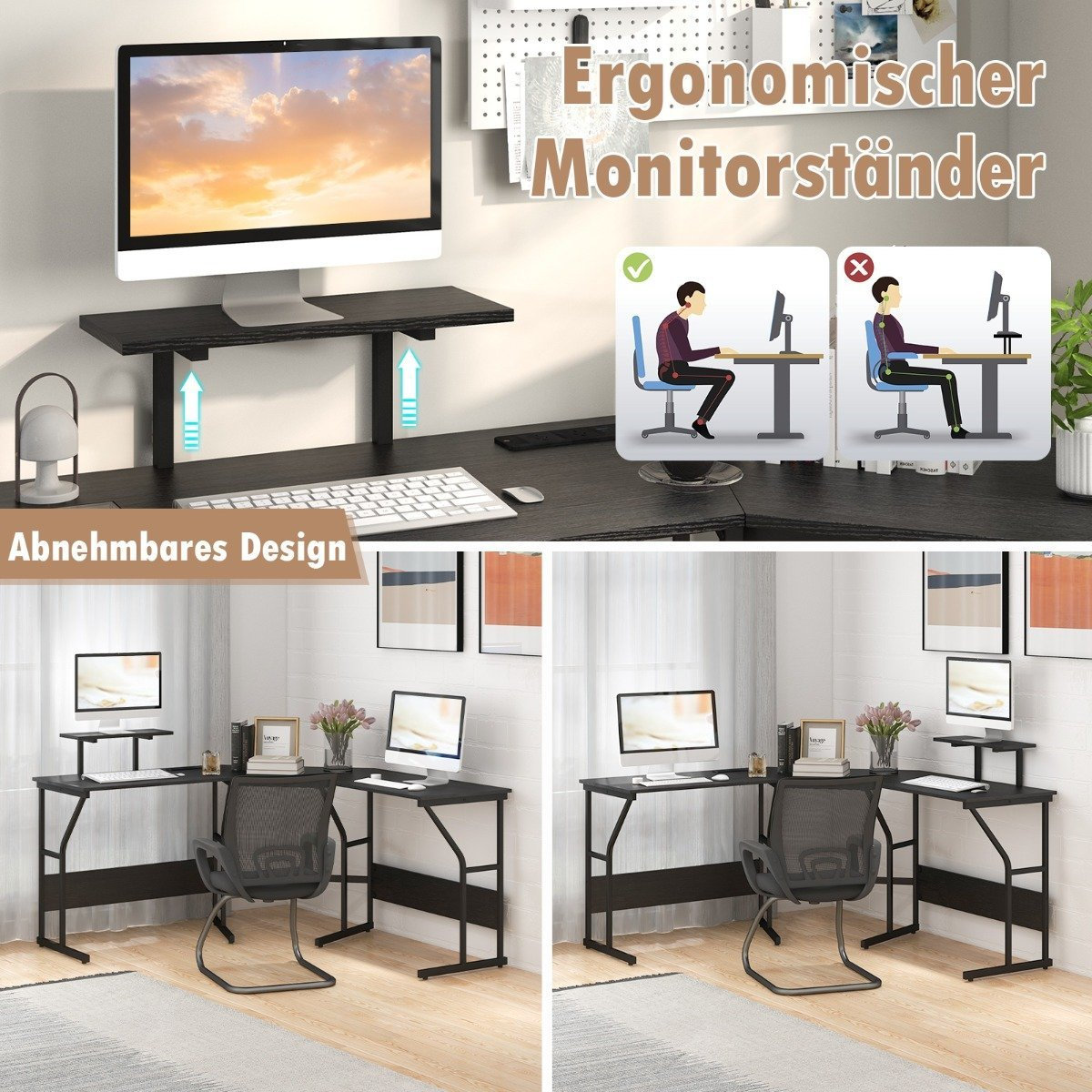 Bureau met monitorverhoger, stoel en accessoires.