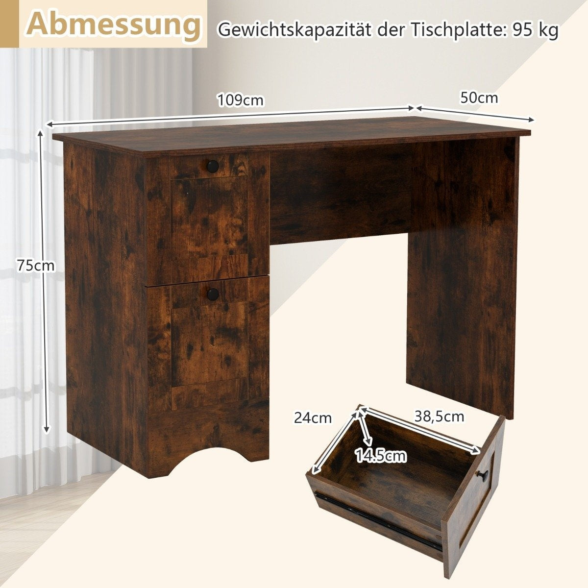 Donkerbruin bureau met afmetingen en lade. Draagvermogen 95 kg.