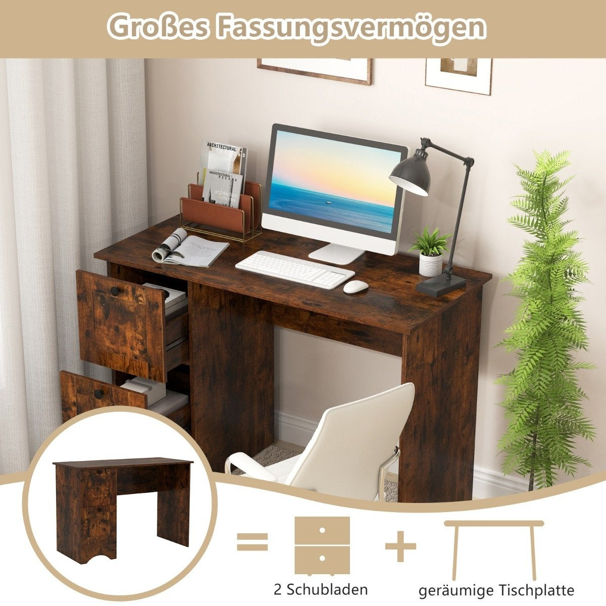 Een donker houten bureau met computer, lades en plant. Tekst: Grote opslagcapaciteit.